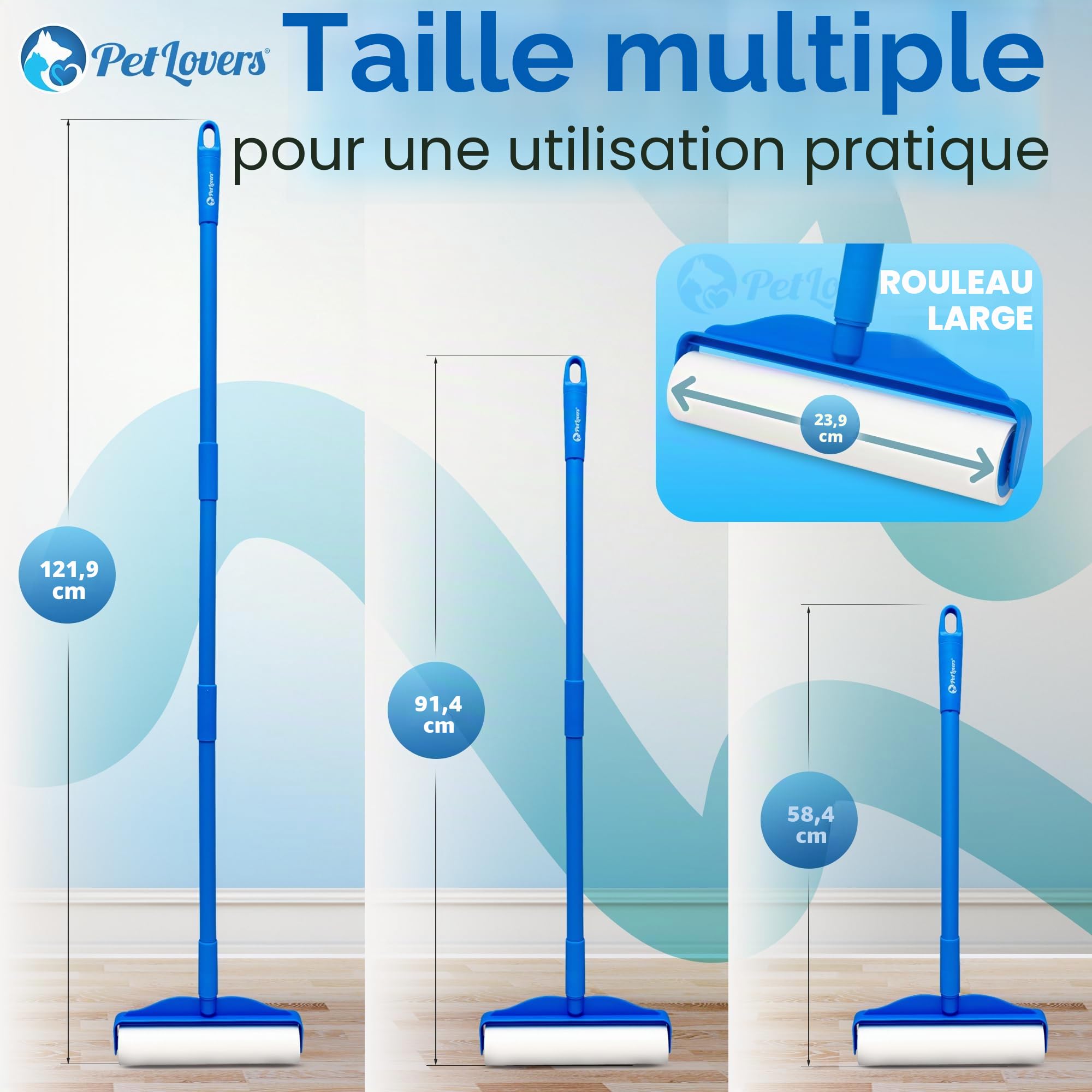 PetLovers Grand Rouleau anti-peluches avec 3 recharges – 360 feuilles au total pour lutter contre les poils d'animaux de compagnie, rouleau extra grand pour sol et moquette pour les maisons avec