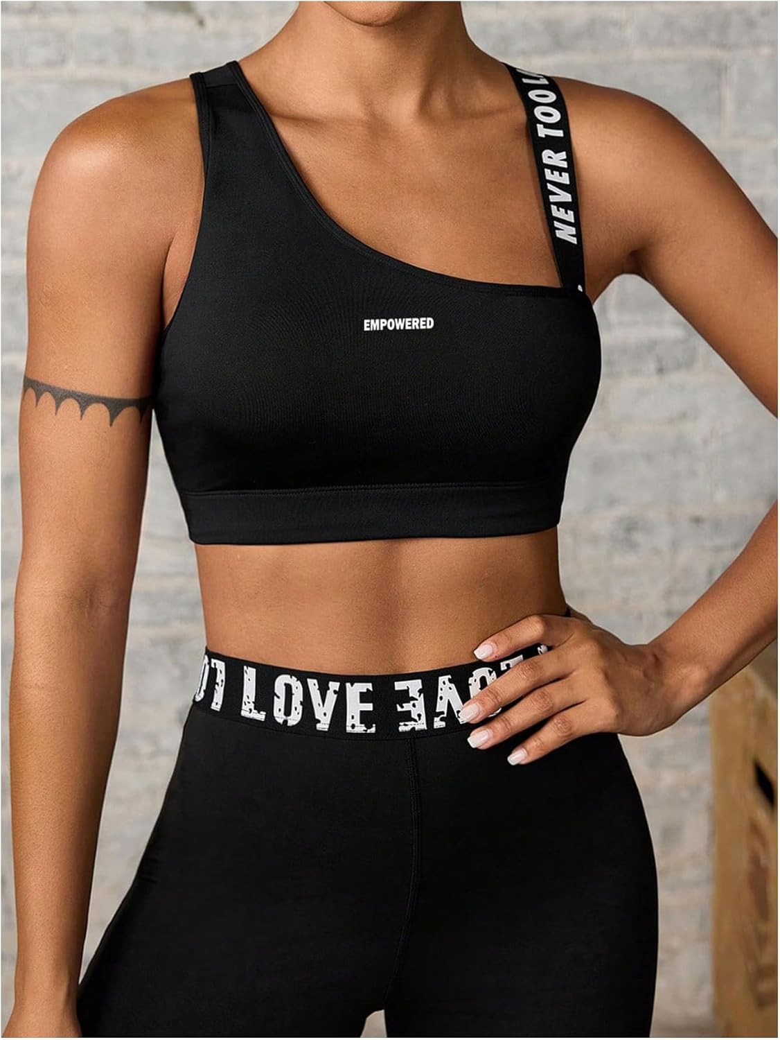 OYOANGLE Women's Letter Print Sports Bra Asymmetrical Neck Cut Out Medium Support Workout Yoga Bras - Image 3