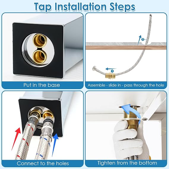 Bathroom Taps, 304 Stainless Steel Waterfall Tap with Ceramic Valve Cartridge, 60cm G1/2 Hoses, Easy to Install, Waterfall Faucet + Pop Up Waste with Liftable Basket