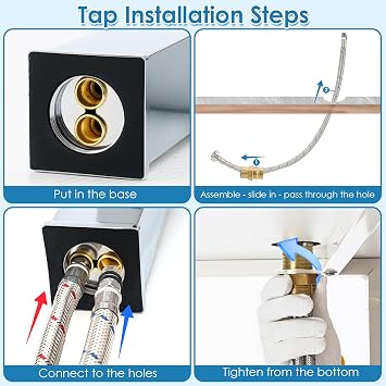Bathroom Taps, 304 Stainless Steel Waterfall Tap with Ceramic Valve Cartridge, 60cm G1/2 Hoses, Easy to Install, Waterfall Faucet + Pop Up Waste with Liftable Basket