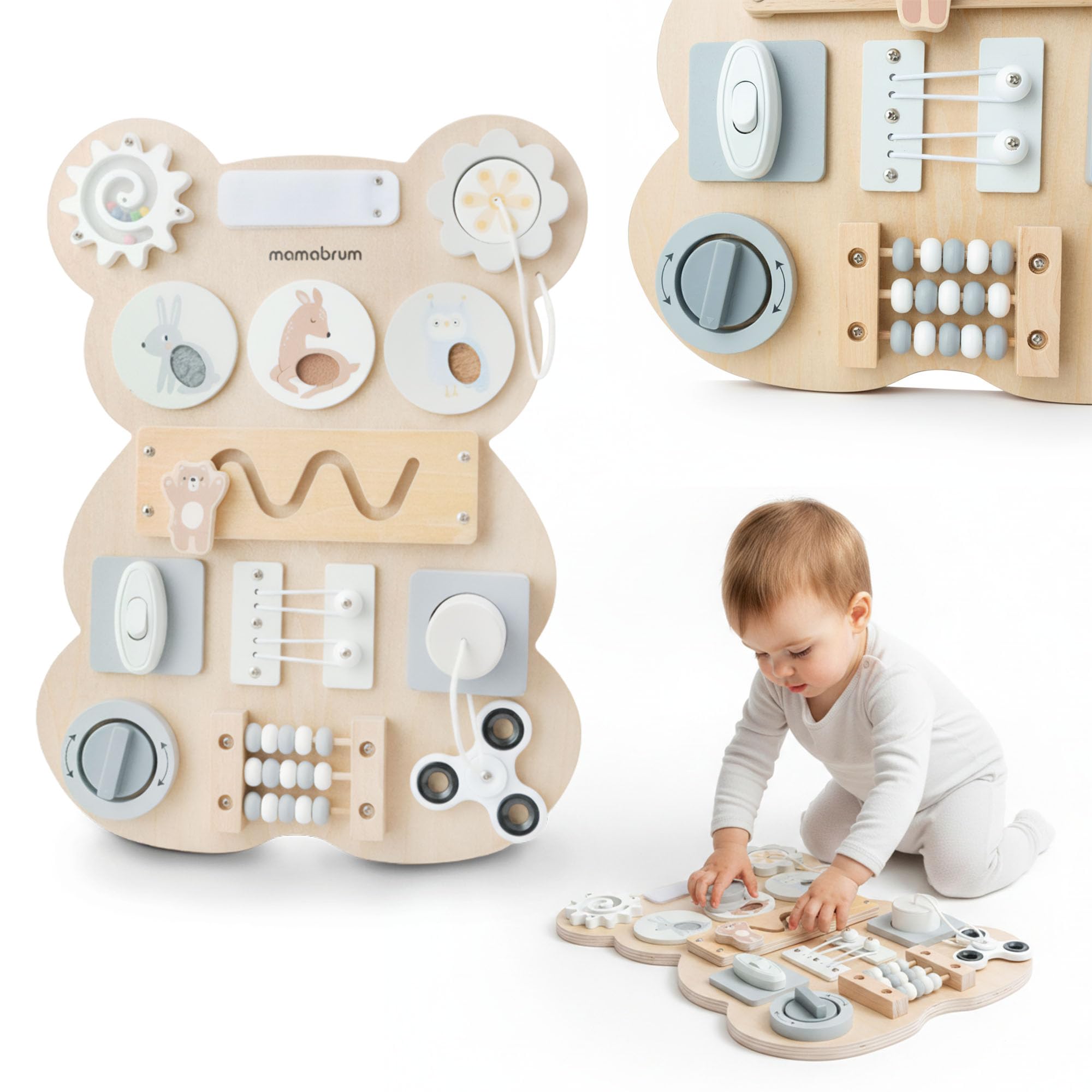 mamabrum Tabla Sensorial Montessori Oso – Juego Educativo Manipulación & Motricidad, Laberinto, Velcro, Enchufe & Botón Clic, Madera Sólida, Desarrollo Coordinación Bebés Niños
