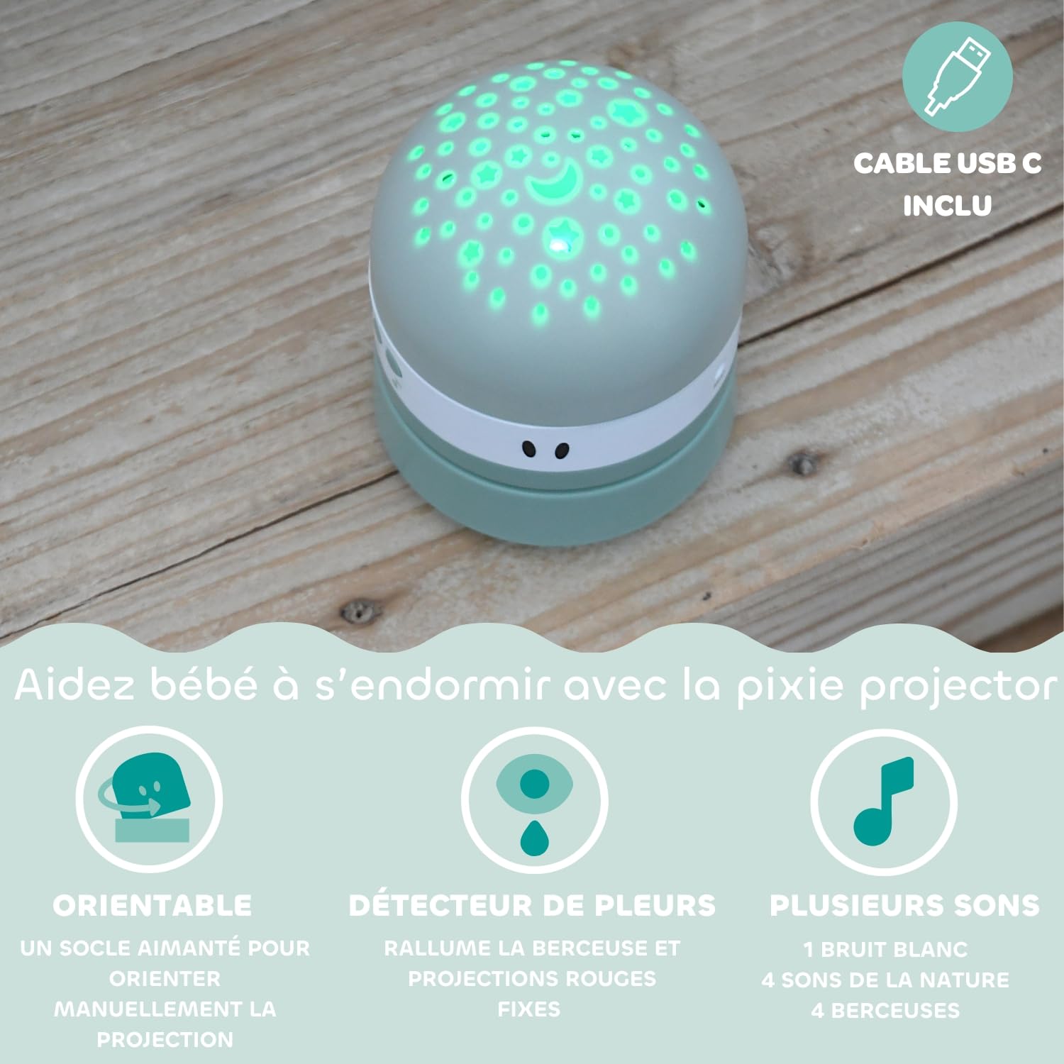 BÉABA, Veilleuse Bébé avec Ciel Étoilé 3 Couleurs, 9 Sons Relaxants (4 Nature, 4 Berceuses,1 Bruit Blanc), Détecteur de Pleurs, Autonomie 100h, Recharge USB, Transportable, Pixie Projector, Vert Sauge