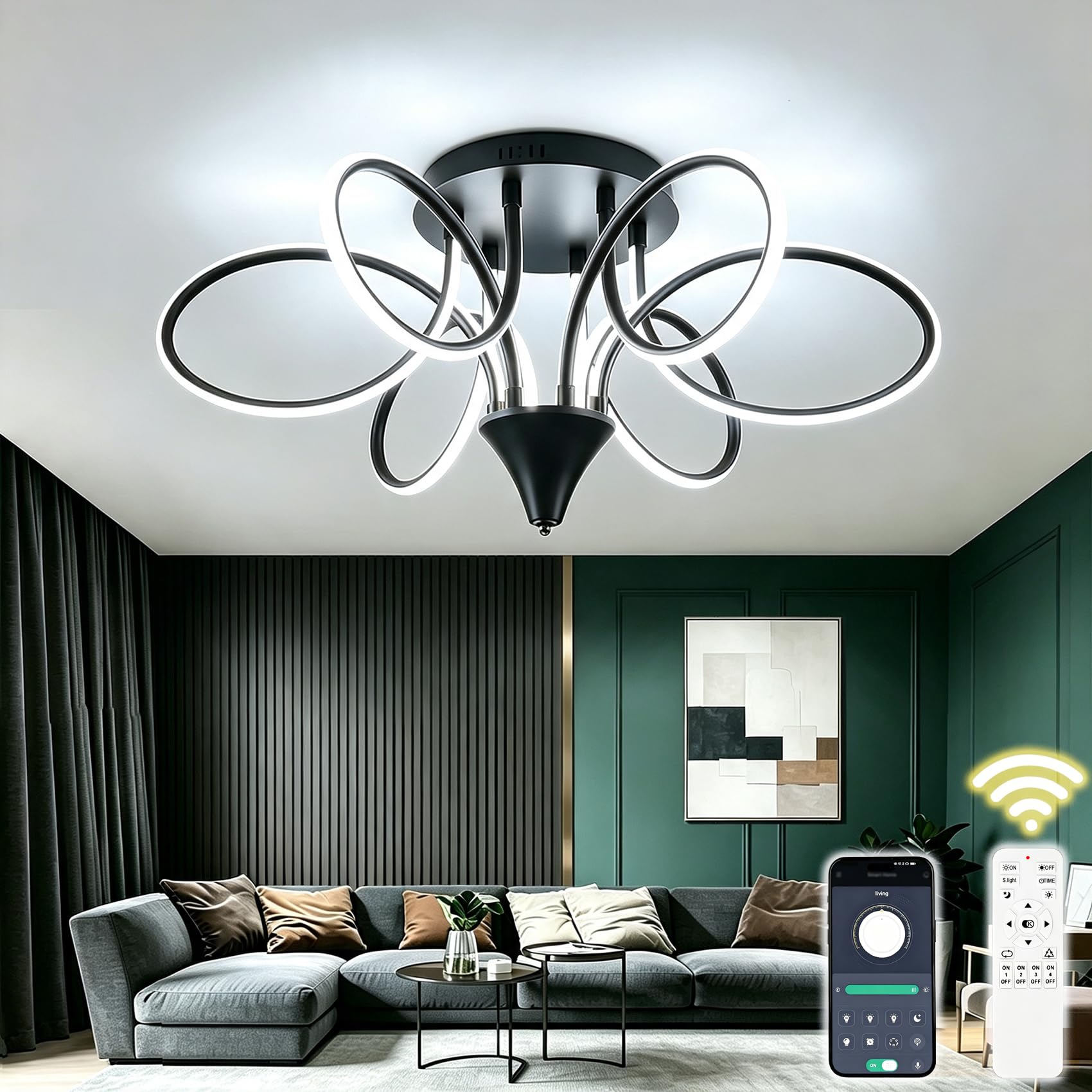 HJHJM Black 6-Ring LED Ceiling Light 56cm 60W Dimmable Remote 2700K-6500K