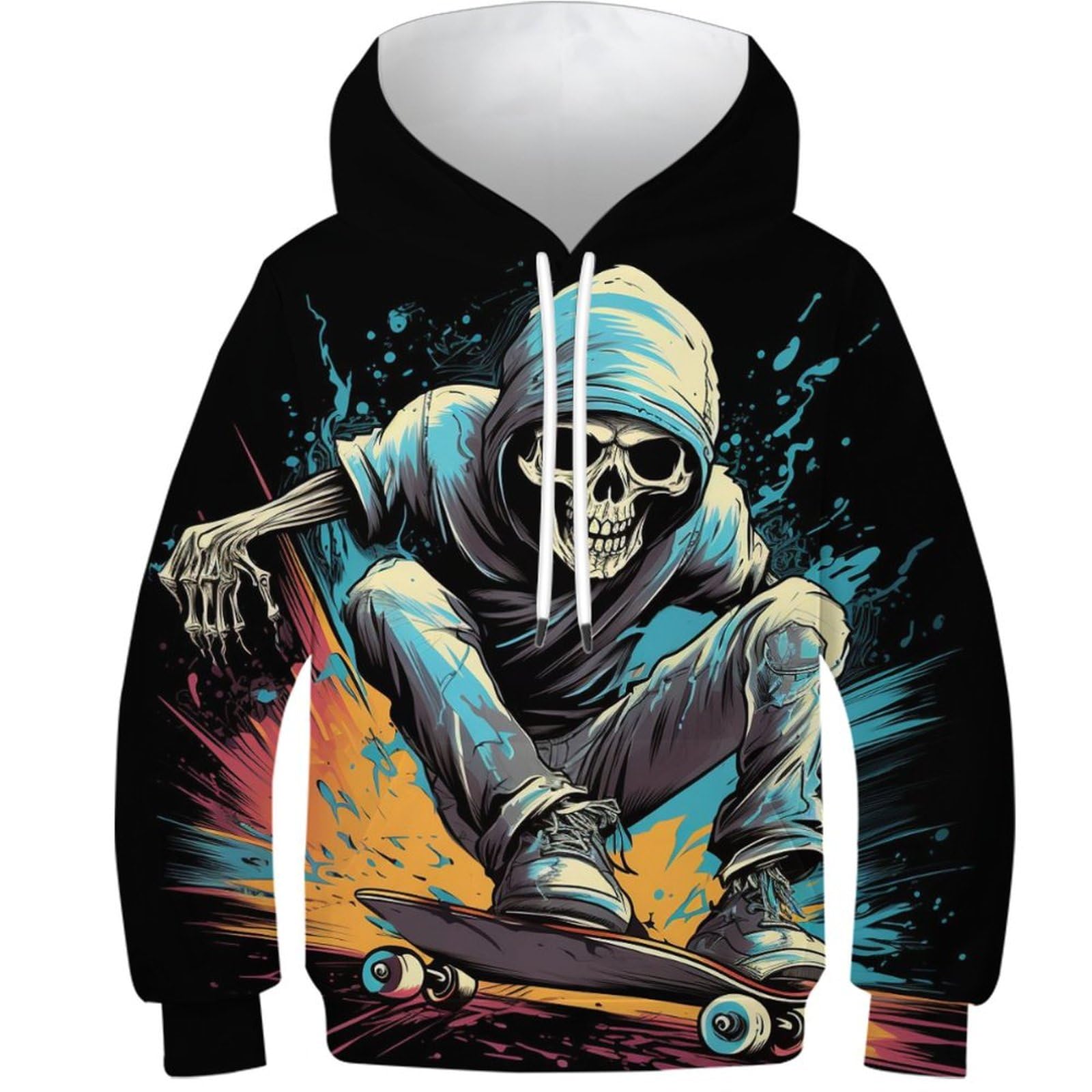 KKOLASXZE 3D Printed Skateboarding Skulls Athleisure Hoodie Sportswear Pullover Men/Women with Pockets Clothes for Teens 13-15Y