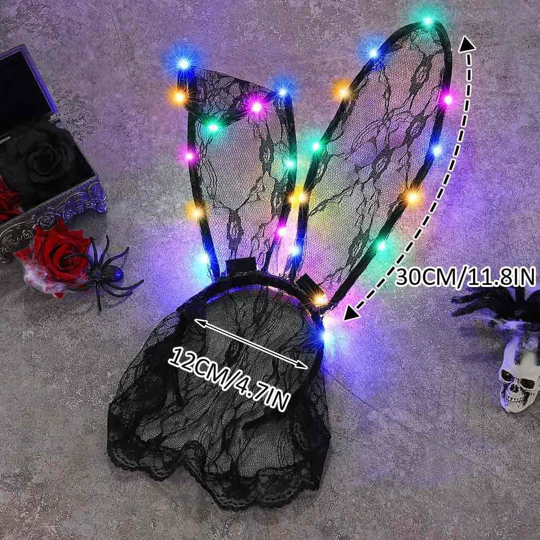 Catery Black Lace Bunny Ears Light Up Rabbit Ears Headband Bunny Mask Halloween Accessories for Women - Image 2