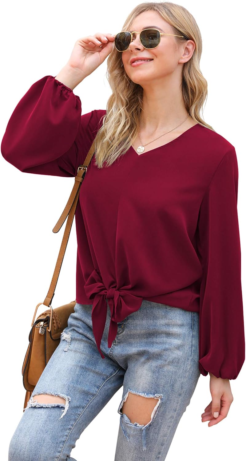 VIISHOW Womens Tie Front Knot Lartern Sleeve Loose Fit V Neck Floral Blouses Chiffon Tops Shirts - Image 2