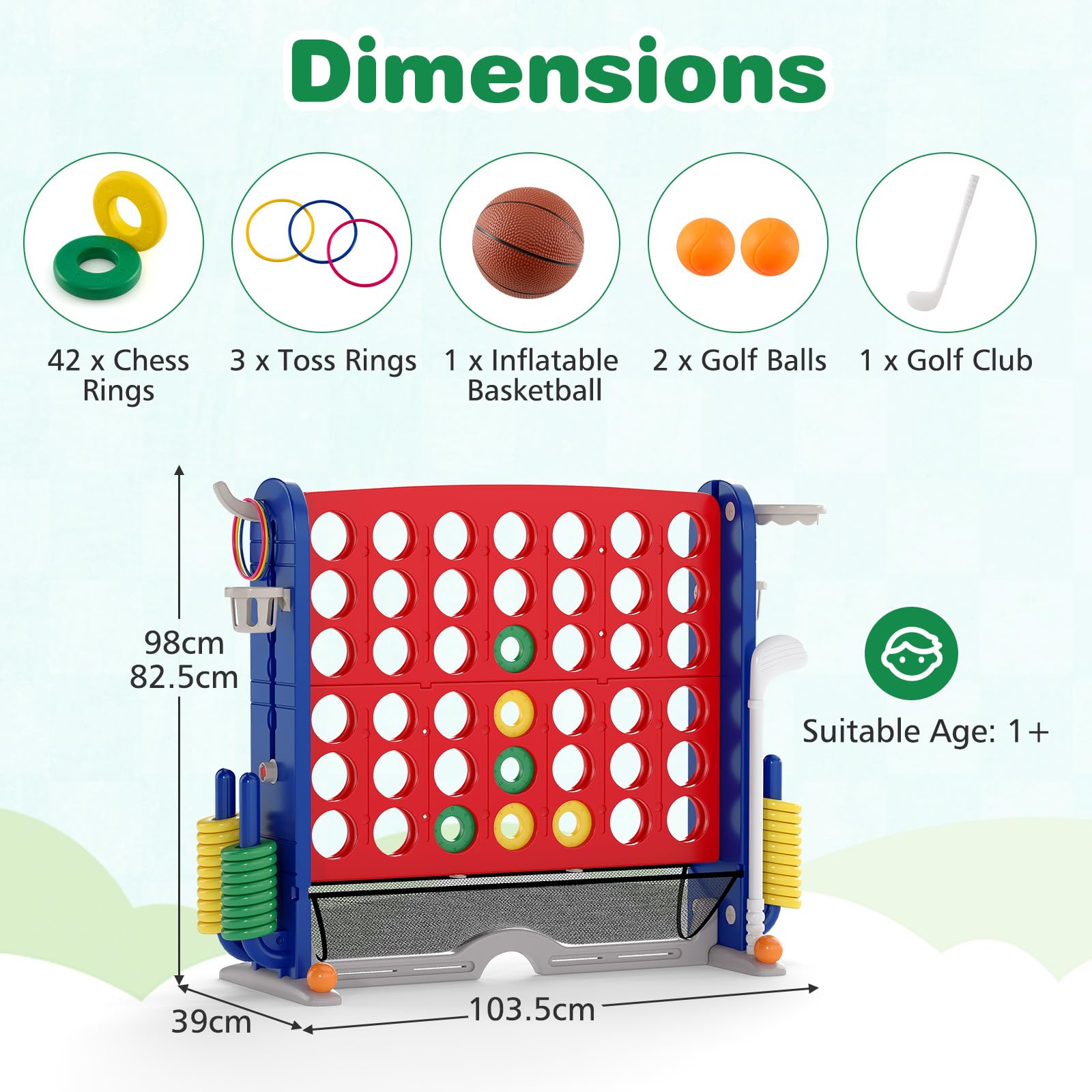 FANTASK Set di giochi giganti 4 in 1, quattro vincite XXL con anelli, cestino da basket e gioco da golf, gioco da giardino con porta bevande, scomparto a rete e borsa per il trasporto, per bambini e
