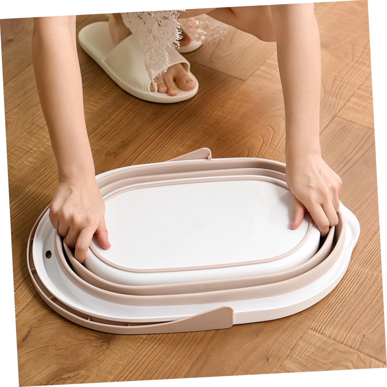 Cubo Fregona Plegable de Plástico PP Beige, Portátil para Limpieza
