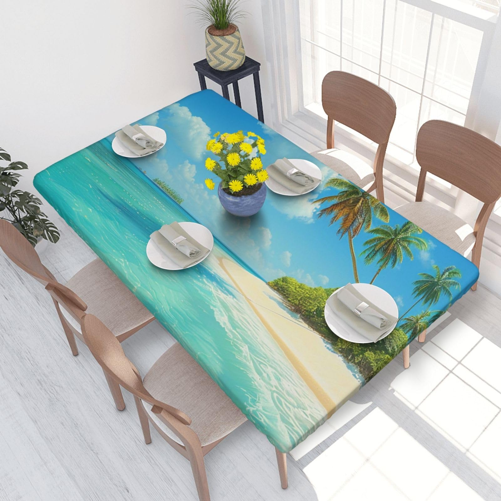 WPKJU Island with Sandy Beach and Palm Tree Printed Tablecloths 4ft Rectangular Table Covers Washable Polyester Decorative Table Cloth for Dining Table Picnic Wedding