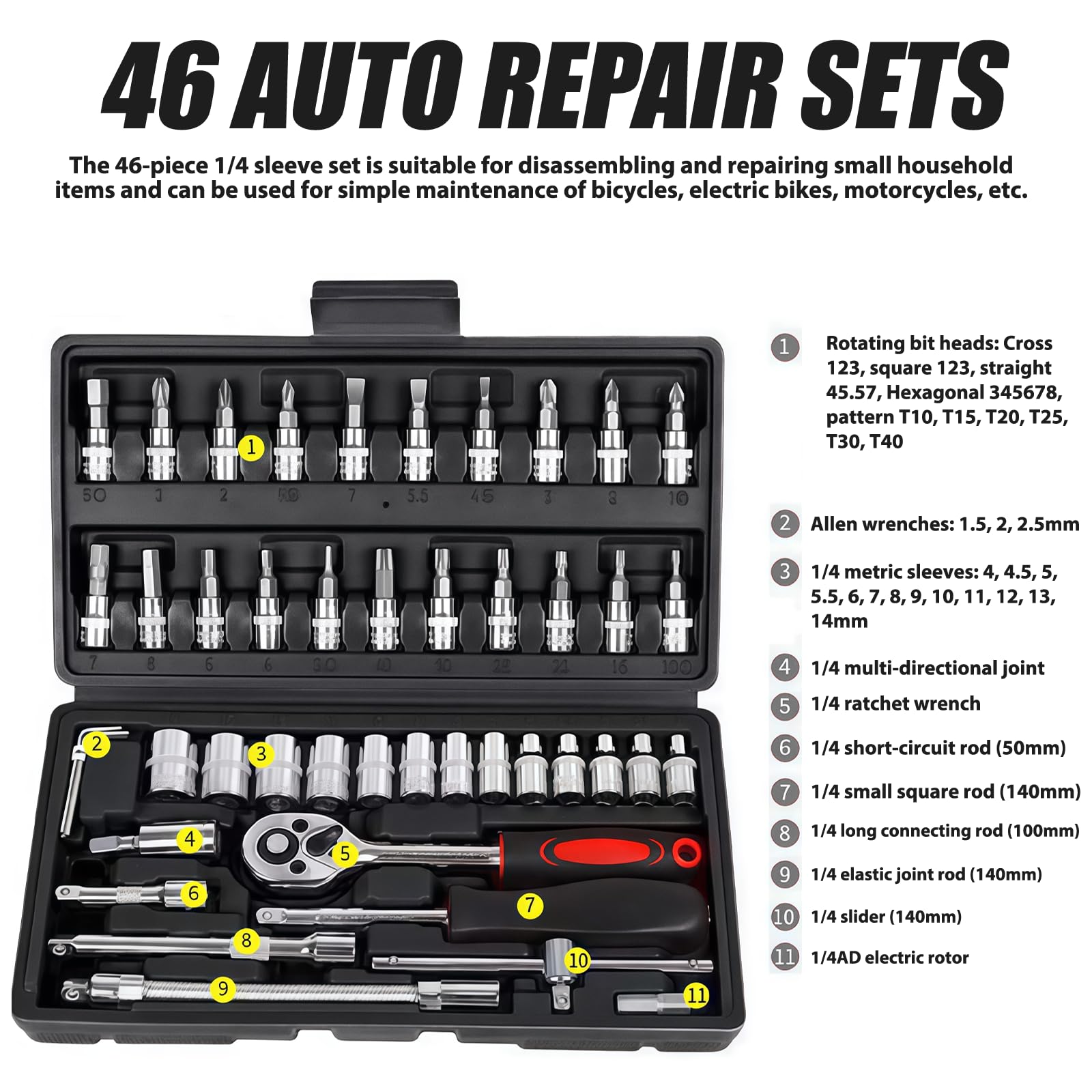 Coffret de clés à cliquet 46 pièces Petit : Cliquet à changement rapide à serrage rapide, clés à douille en acier Cr-V avec cliquet à changement rapide de 6,35 mm, jeu de douilles, pour
