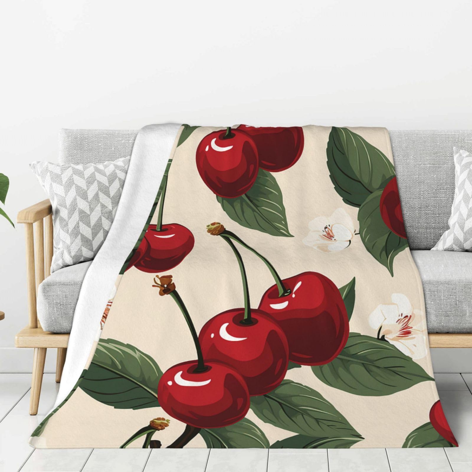 Red Cherry Pattern Throw Blanket Plush Flannel Fleece Blanket, Soft Lightweight Cozy Blankets 60"X50" for Bed Couch Sofa Travel