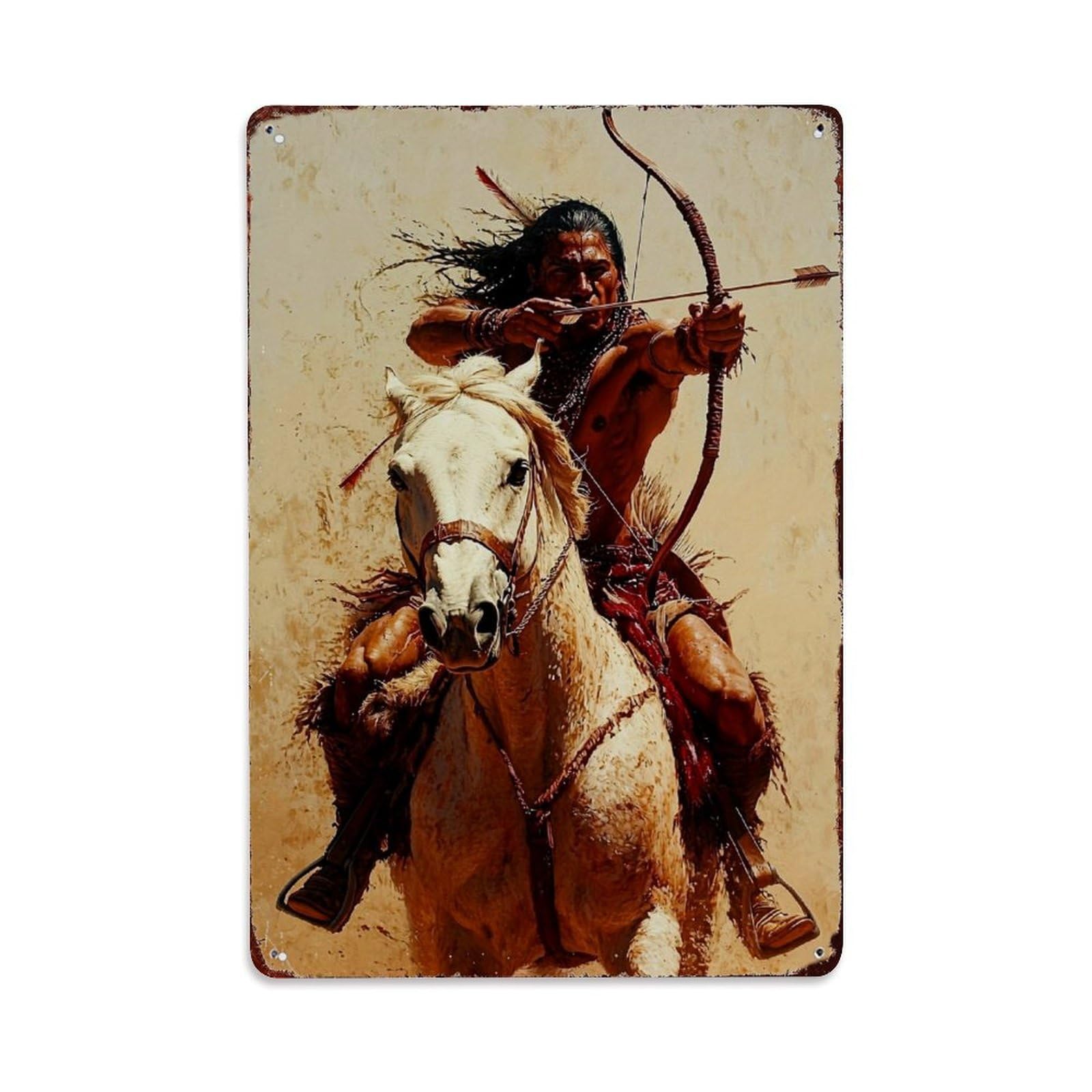 Jdfenggu Vintage Native Warrior On Horseback With Bow Retro Metal Tin Sign, Decor Art Poster For Bar, Home, Man Cave, Kitchen, Laundry Room Gift 8X12inch