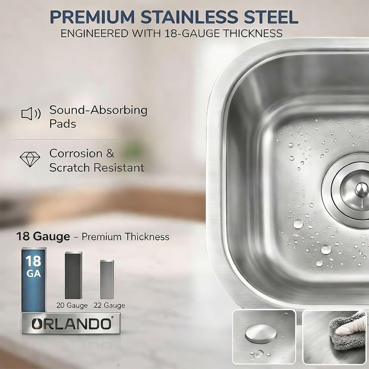 ORLANDO 13x13 inch Undermount Bar Sink – 18 Gauge 304 Stainless Steel Single Bowl small Kitchen Sink with Basket Strainer for Wet Bar, RV & Kitchen Island