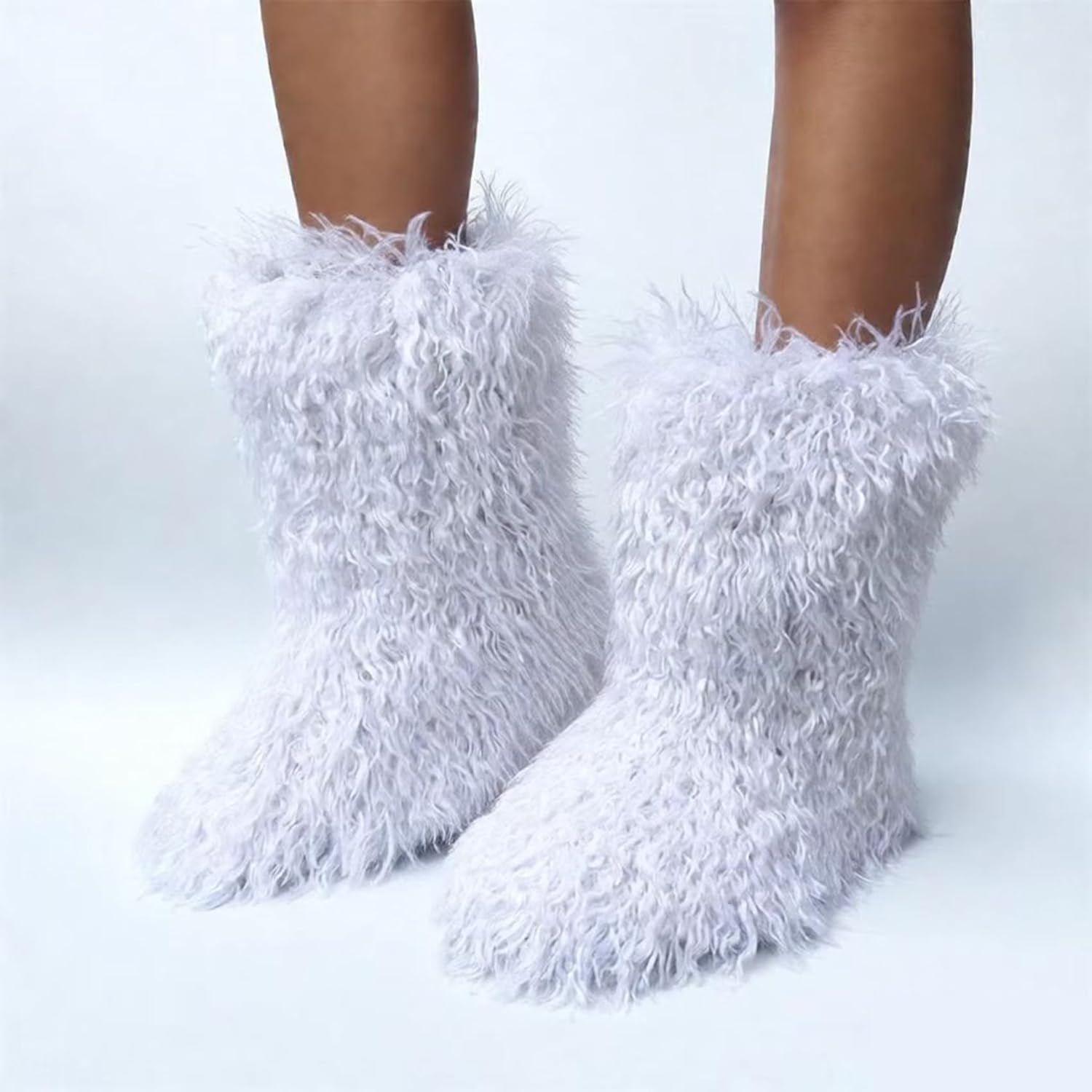 Y2K Faux Fur Boots for Women - Mongolian Inspired Winter Snow Booties, Fluffy & Warm Cute Boots,White,6