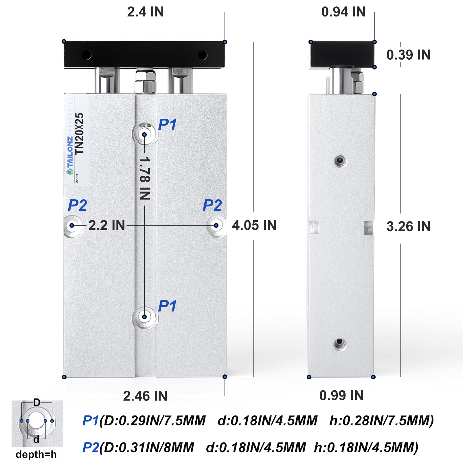 TAILONZ PNEUMATIC Vérin pneumatique aluminium double tige double effet, alésage 20 mm, course 25 mm TN20-25
