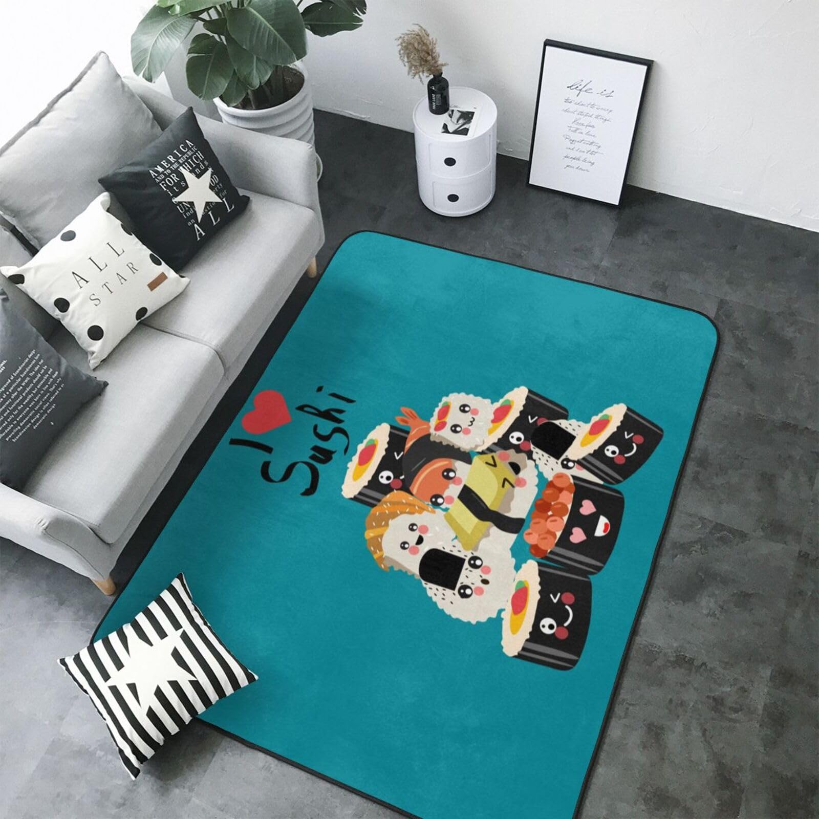 Tapis doux motif I Love Sushi lavable 13x17 cm pour chambre