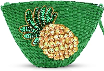 QTKJ Beach Bag, Crossbody Bags for Women, Straw Handmade Bag, Mini Shoulder Bag, Pineapple Sequin Embroidery, Designer Handbags for Vacation Travel Work(Green)