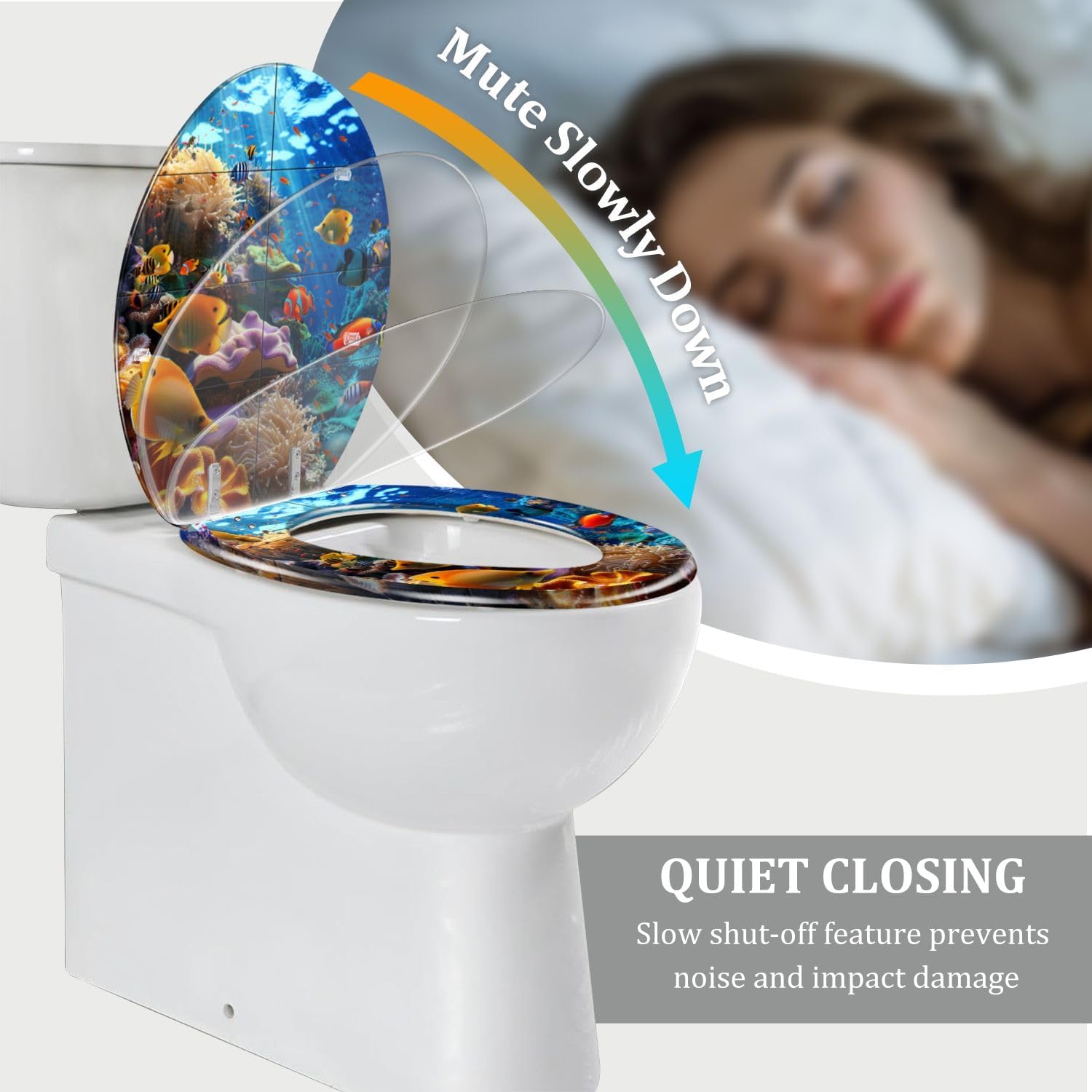 Elongated Toilet Seat Marine Biodiversity Dynamic Underwater Coral Landscape Resin Toilet Seat Quietly Close Quick Release Hinges Decorative Toilet Seat with Cover Easy to Install