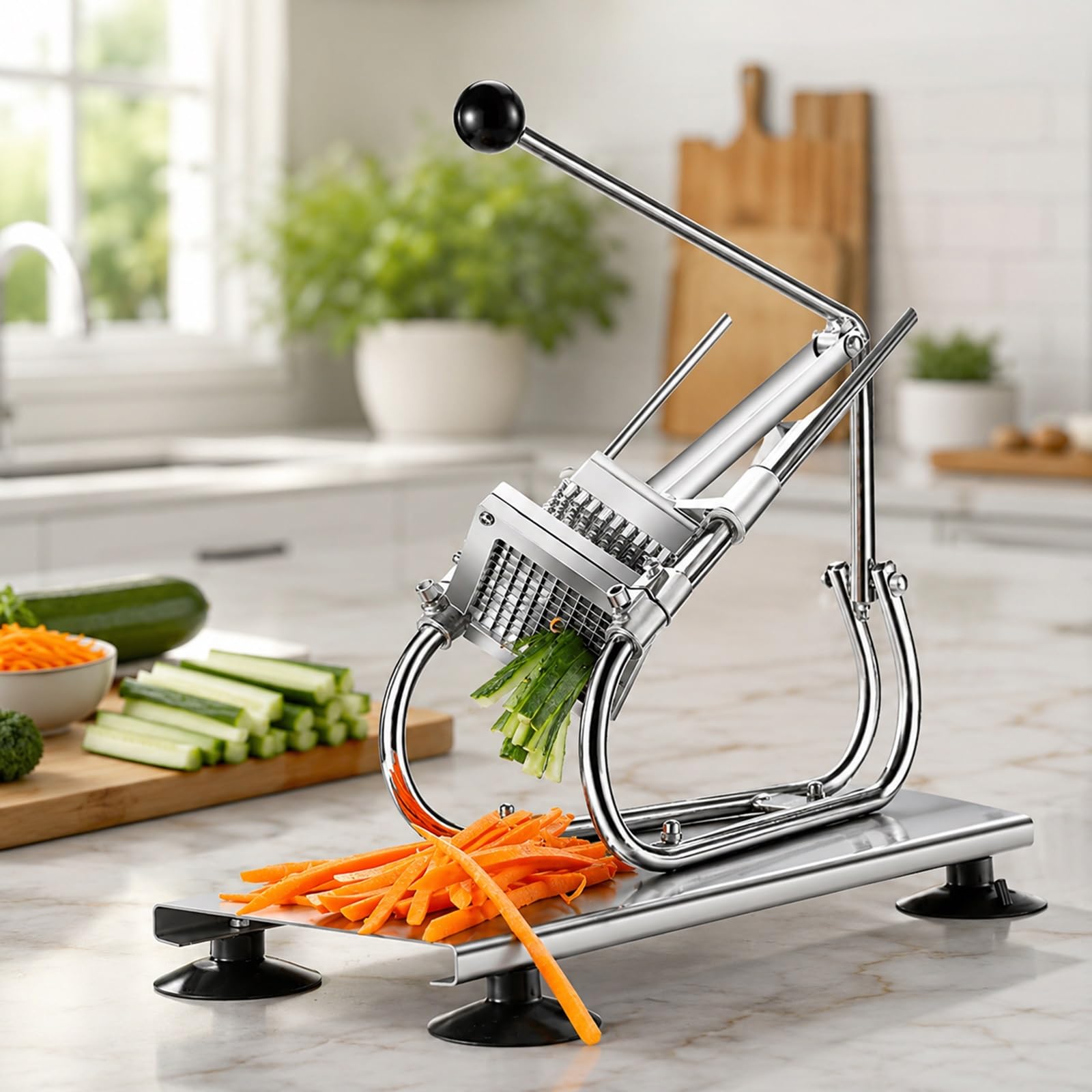 Cortador manual de palitos de pepino y cortador de patatas fritas de acero inoxidable comercial, trituradora de patatas con ventosas antideslizantes para preparación de ensaladas de verduras, perfecto