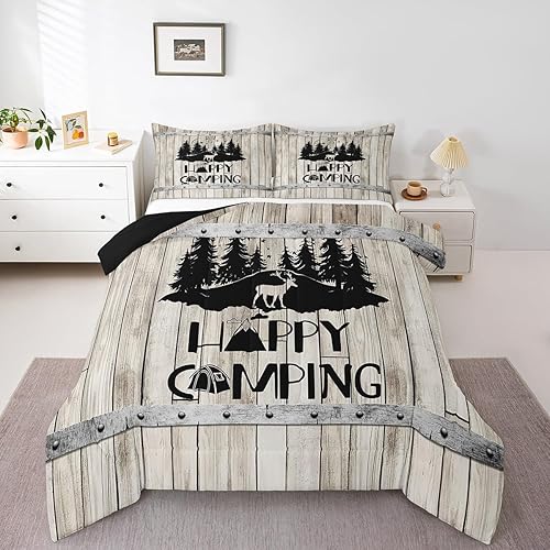 Juego de edredón rústico de casa de campo, tamaño King, diseño de campista de viaje, juego de ropa de cama para caravanas, juego de edredón de