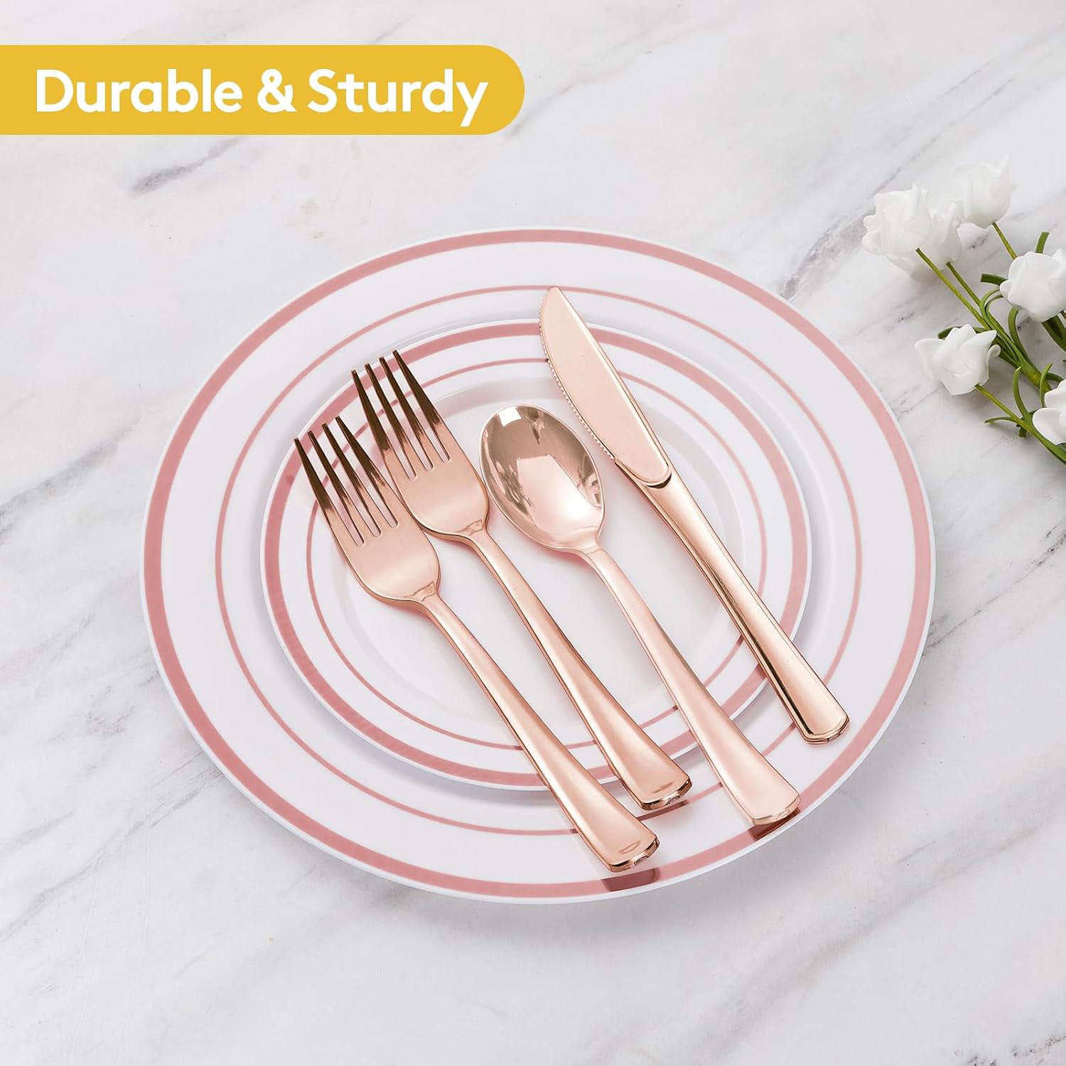 Goodluck 600 Pieces Rose Gold Disposable Plates for 100 Guests, Plastic Plates for Party, Wedding, Dinnerware Set of 100 Dinner Plate, 100 Salad Plates, 100 Spoons, 100 Forks, 100 Knives, 100 Cups - Image 5