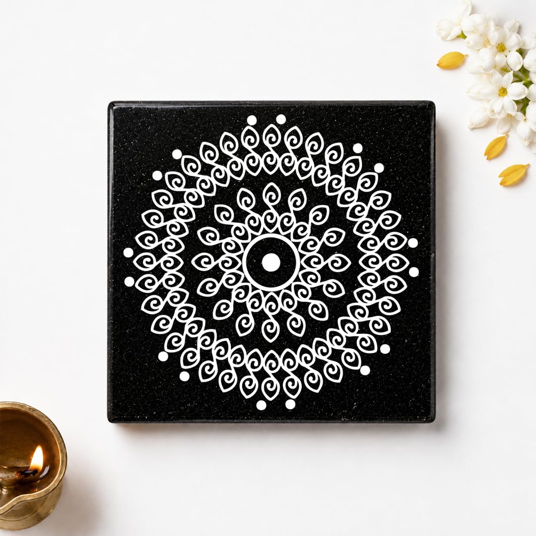 CHITRASHILA® Kolam Dot Granite Printed Rangoli | Pulli Kolam Permanent Stone Rangoli for Pooja Room & Floor | 6x6 Inch Black Granite Tile-image-33