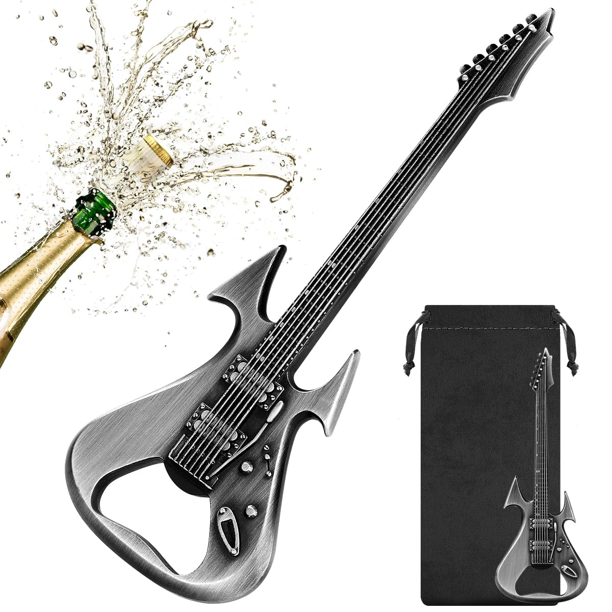 Guitar Bottle Opener, Portable Bottle Opener, Unique Beer Opener, Guitar-Shaped Bar Accessory with Gift Bag, Music Gift for Men Women, Christmas Gifts, Birthday Gifts, Guitar Lovers Gifts, Silver