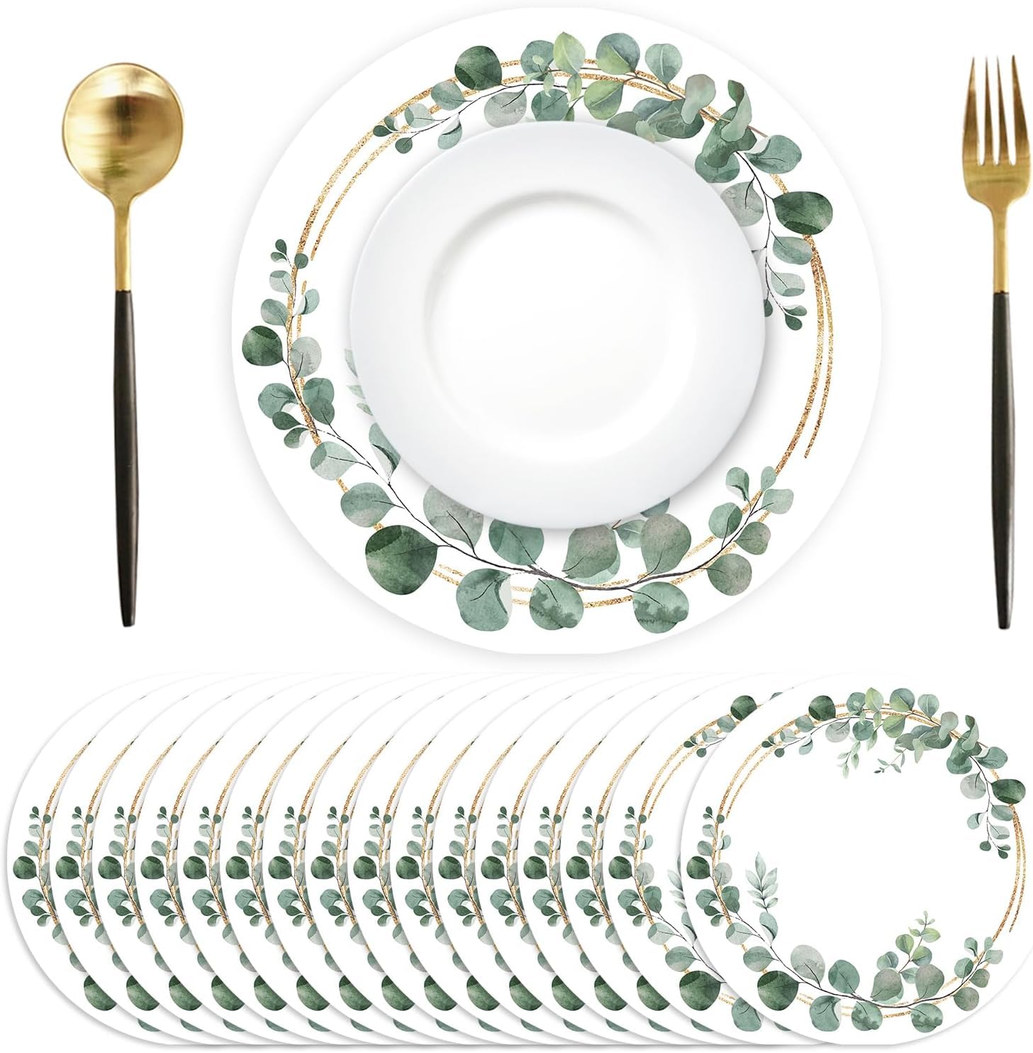50 tovagliette di carta rotonde, tovagliette di carta con eucalipto verde, rotonde, Ø 34 cm, per compleanno, matrimonio, vacanze, festa