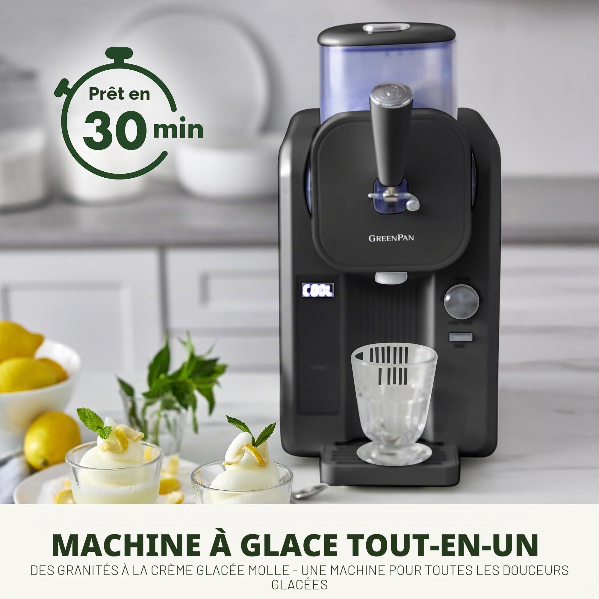 GreenPan Frost Sorbetière & Machine à Slushie, Glace Italienne, Sorbet, Milkshakes, Yaourt Glacé, Sans Pré-congélation, Prête en 15 Min, 15-en-1, 6 Modes, 7 Textures, Autonettoyante, Gris