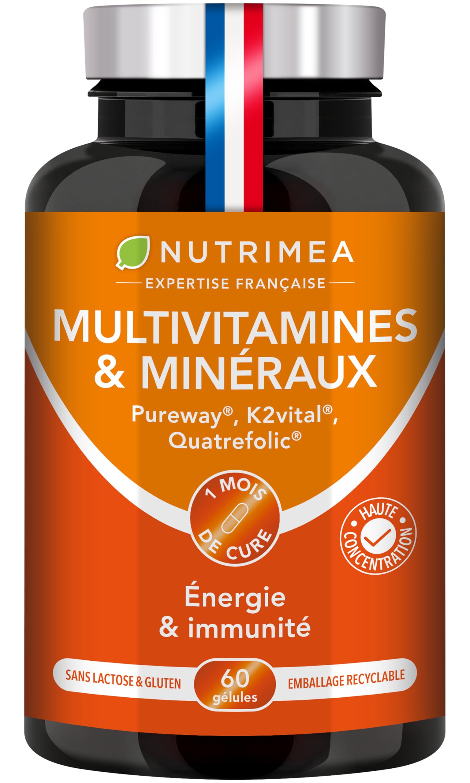 Multivitamines et Minéraux – 26 Nutriments - Vitamines A, B, C, D, E, K + Fer, Chrome, Magnésium & Zinc + Choline, Lutéine & Ginseng - Energie, Vitalité, Puissance - Fabrication Française - Nutrimea