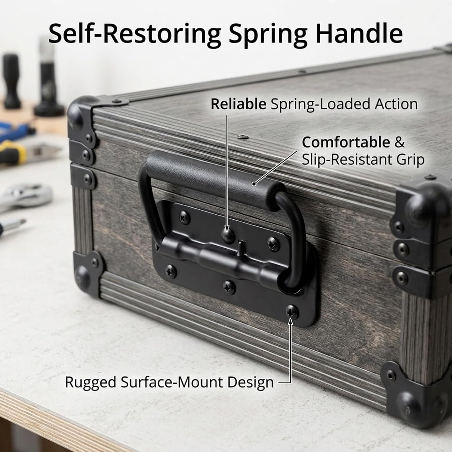 2 Pack Chest Handles, Spring Loaded Folding Box Handle Heavy Duty for Tool Chests, Cases, and Storage Crates, Black Chest Handles, Box Handle, Carry, Metal, Heavy Duty, Han