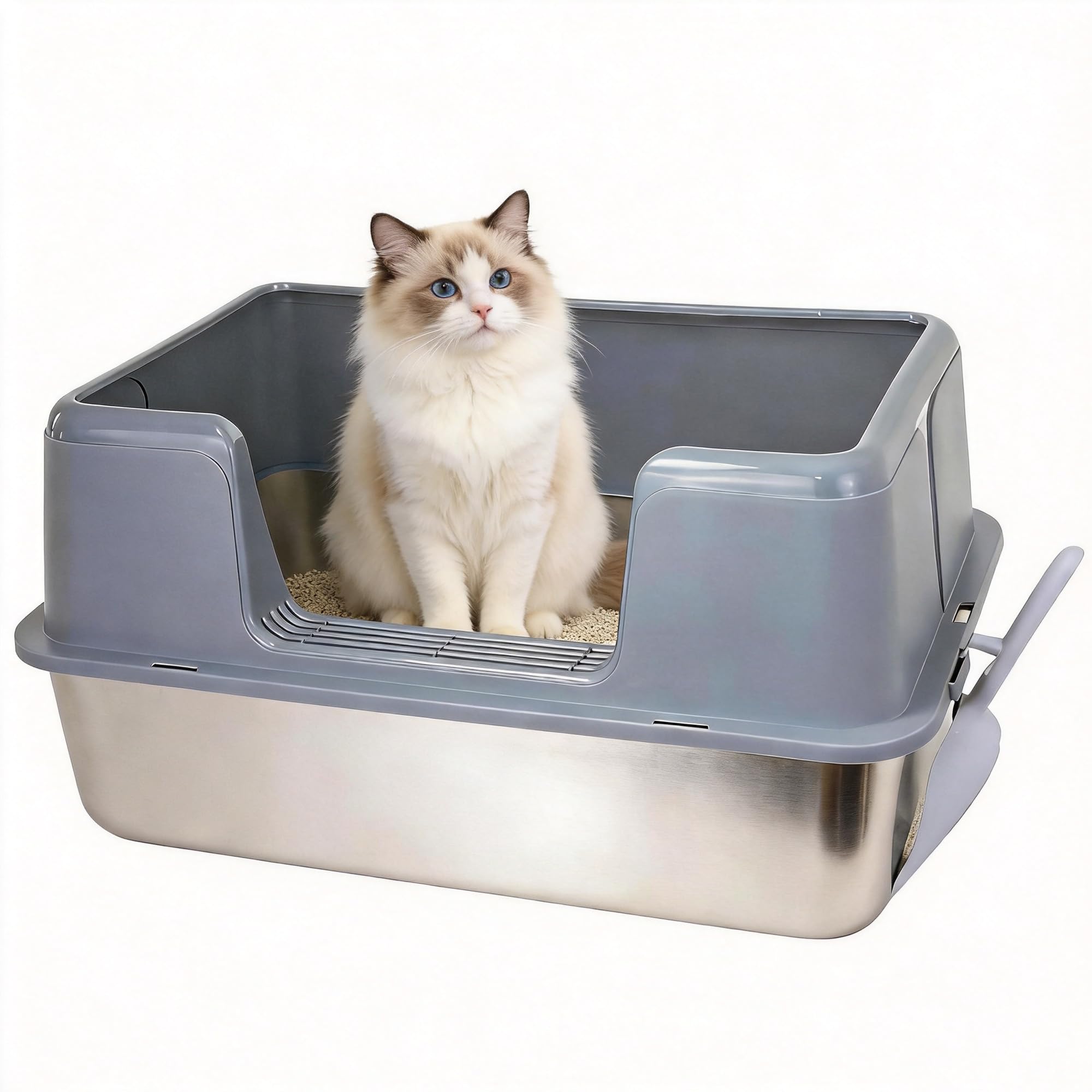 Stainless Steel Cat Litter Tray XL with Lid 50L Extra Large Metal Litter Box for Big Cats 60x40x31.5cm High Sided Include Scoop Non-Stick Easy Clean Leak-Proof Anti-Splash (Grey)