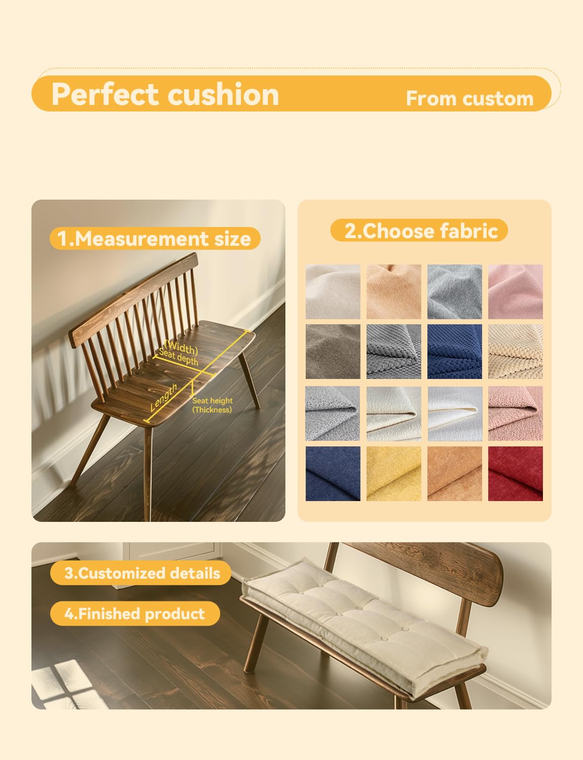 ROFIELTY Custom Bench Cushion, Big Piping Design Bench Cushion, Tufted Button Design Bench Cushions for Indoor Furniture, High Resilience Foam Pellets, Silk Padding, Window Seat Cushions Indoor