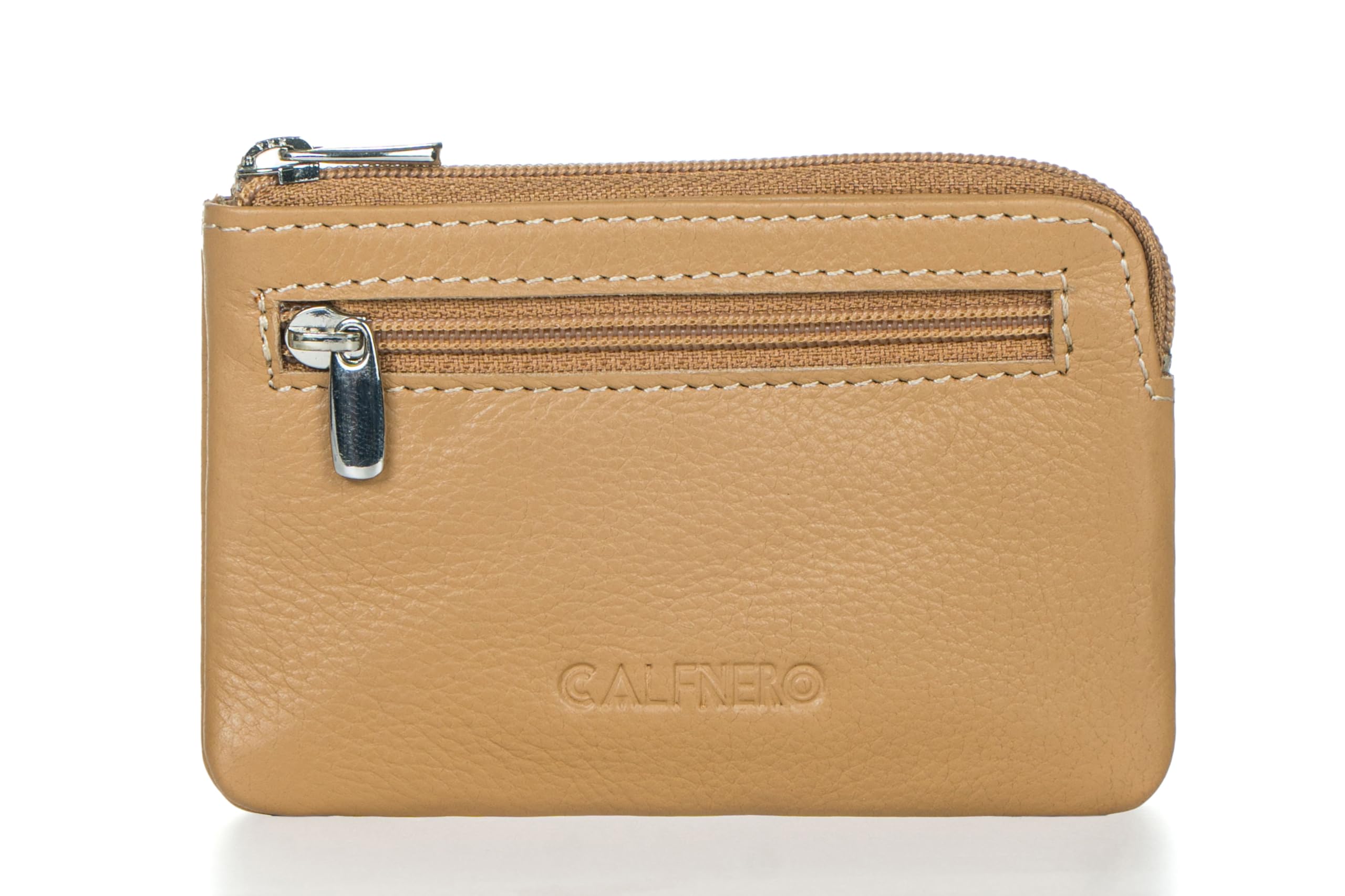 Genuine Leather Key Case Cum Coin Purse-Key & Coin Holder with with Zip and Slip Pocket-Camel Leather Key Case by Calfnero