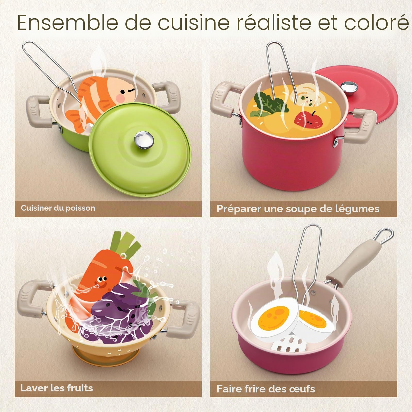 Tacobear Accessoire Cuisine Enfant Casserole et Poêle en Acier Inoxydable Ustensile Cuisine avec Tablier Gant Jeu de Rôle de Chef Cadeau Éducatif Jouet 3 4 5 Ans Garçon Fille