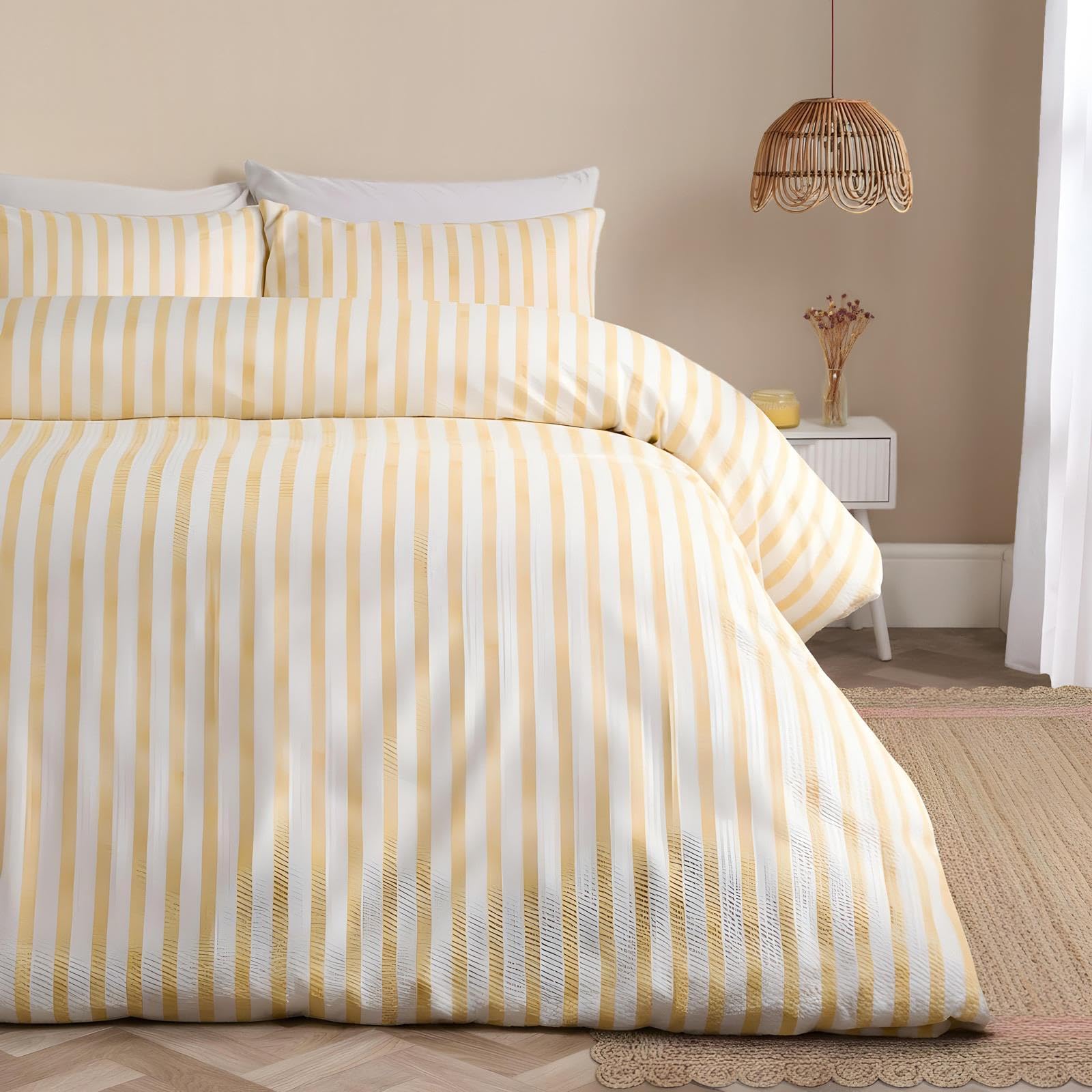 Ohs Lemon Double Duvet Set, Super Soft Cosy Warm Modern Waffle Watercolour Striped Bedding Comfy Luxurious Double Duvet Cover Set With Matching Pillowcases,