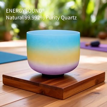 ENERGYSOUND 432Hz Perfect Pitch G Note Throat Chakra Rainbow Colored Frosted Quartz Crystal Singing Bowl 8 inch