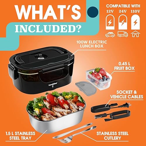 Miniatura 5 de TRAVELISIMO Loncheras eléctricas para adultos, 100 W, calentada, de acero inoxidable, calentador de alimentos portátil, 12/24/110 V para viajes y