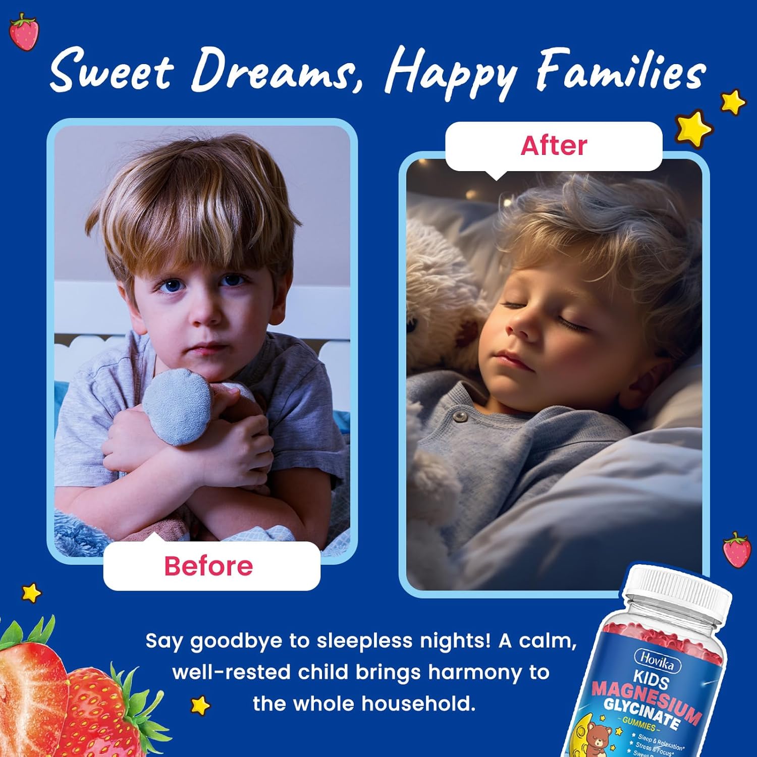 Magnesium Glycinate Gummies for Kids - with L-Theanine, Omega-3, Vitamin B6, D3, Zinc - Kids Magnesium Gummies for Sleep, Relaxation, Calm & Focus - Sugar Free Strawberry 60ct - Image 3