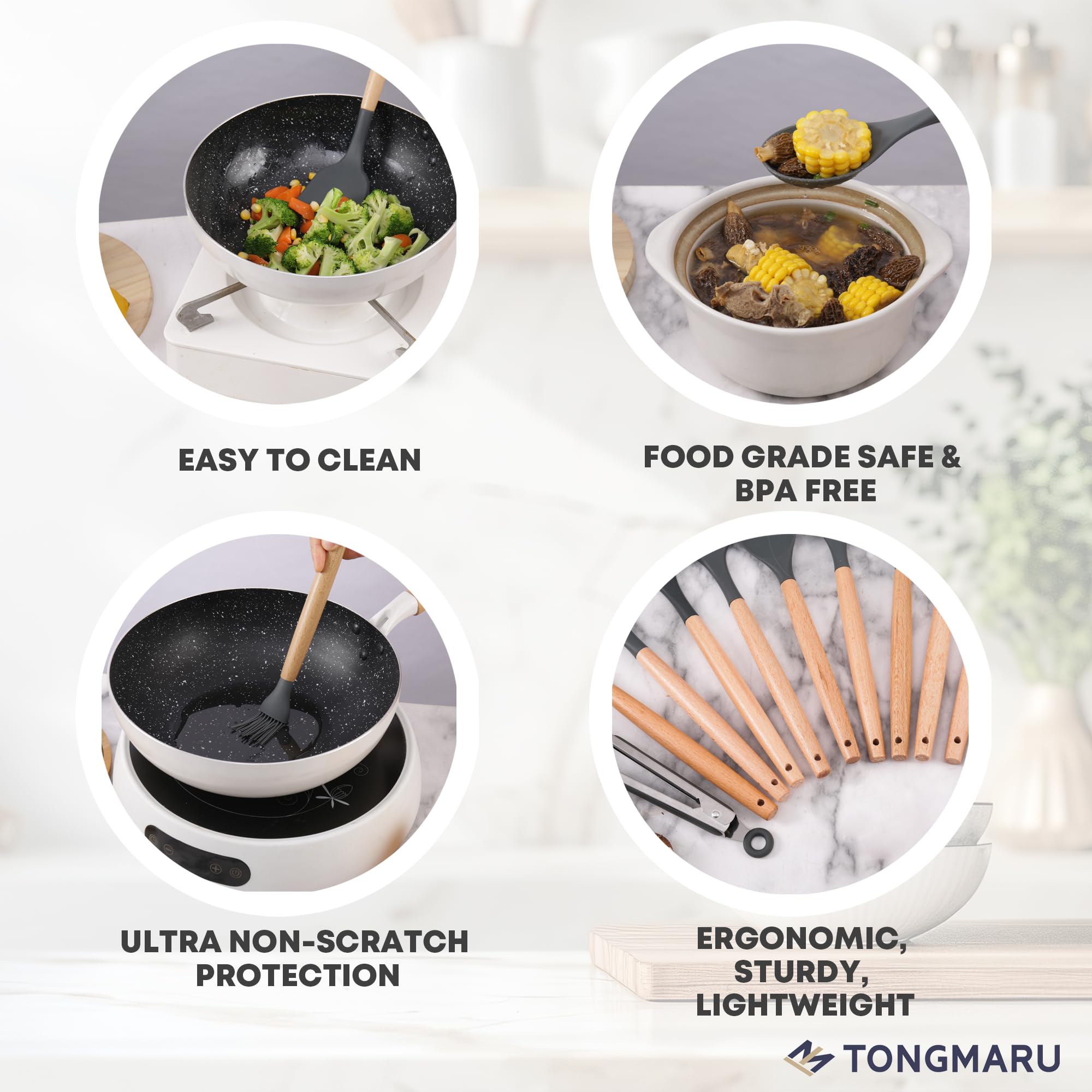 Juego de utensilios de cocina, resistentes a 230.0 °C, 12 piezas de silicona antiadherente, juego de espátulas con soporte, mango de madera de haya de alta calidad, juego de utensilios de