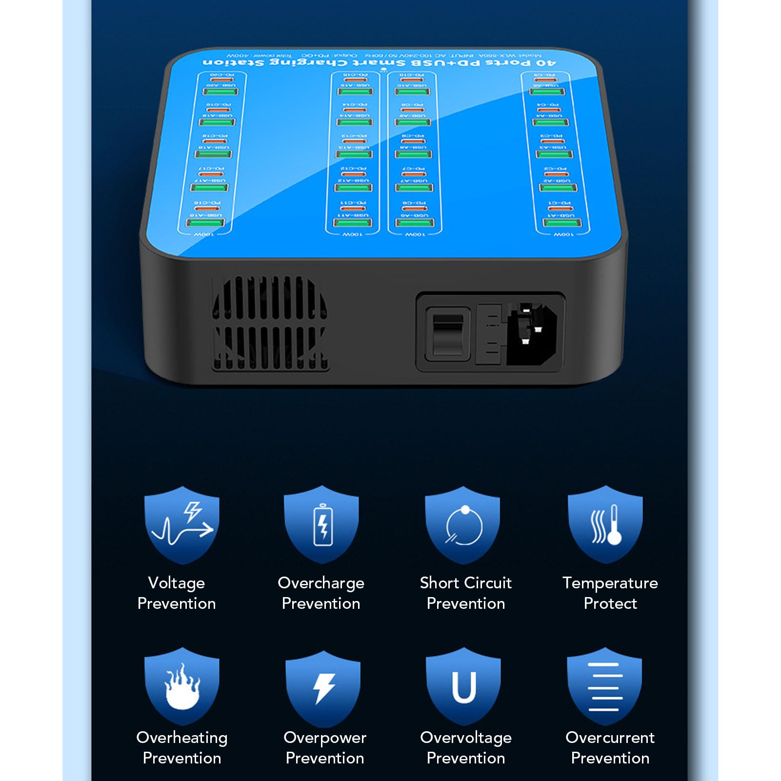 Sxhlseller Stazione di Ricarica USB a 20 Porte con Ricarica Rapida 20 PD, Caricabatterie Multidispositivo da 400 W per Smartphone, Laptop, Tablet, Doppie Ventole di Raffreddamento, per (Spina europea)