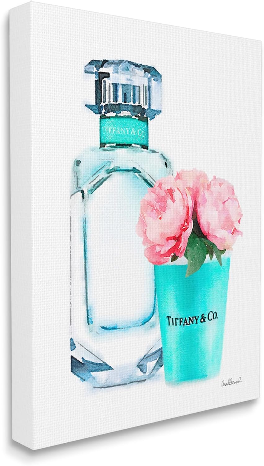 The Stupell Home Décor Collection Teal Blue Perfume Bottle and Pink Peonies Stretched Canvas Wall Art, Multi-Color, 24 x 30, Gallery Wrapped Canvas