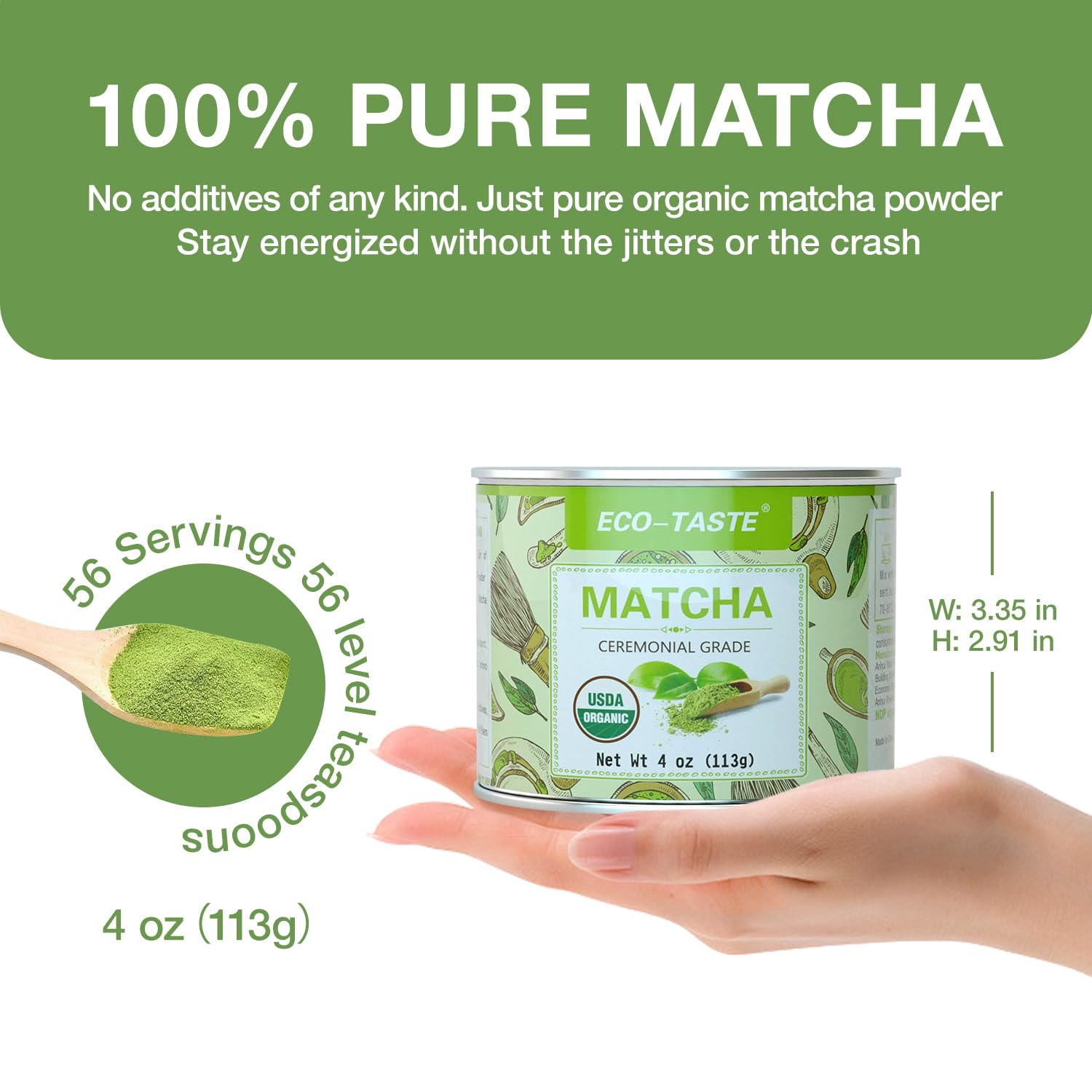 Organic Matcha Green Tea Powder-4oz 113g Tin 100 Natural Pure Ceremonial Grade No Additives or Fillers NO GMO — view 3