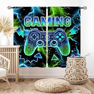 Gamer Curtains for Boys Room Gaming Kids Bedroom Living Room, 84x84 Inch | Blue Green Flash Cooling Video Game Gamepad Modern Blackout Window Drapery for Kids Teens Nursery Playroom Bathroom 2 Panels