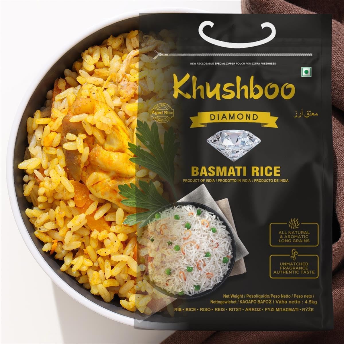 Khushboo Diamond Basmati Reis - 3x 18 kg - indischer Langkornreis 2 Jahre gereift - höchste Qualität – natürlich & ohne Zusätze - Duftreis für Djuvic & Curry - Herstellung am Himalaya in Indien