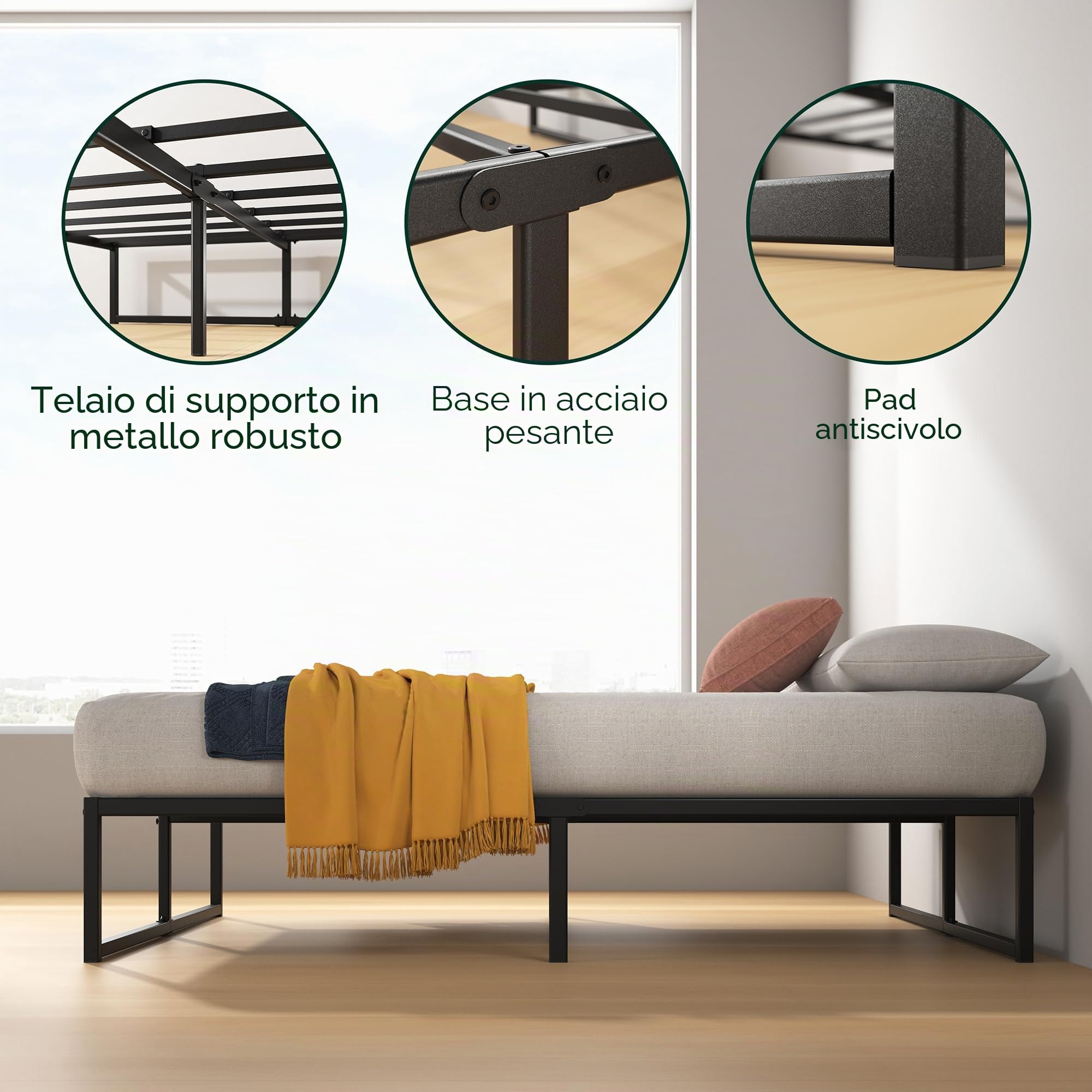 Zinus Letto Lorelai 90 x 200 cm – Altezza 36 cm con spazio sotto il letto – Telaio in metallo – Nero