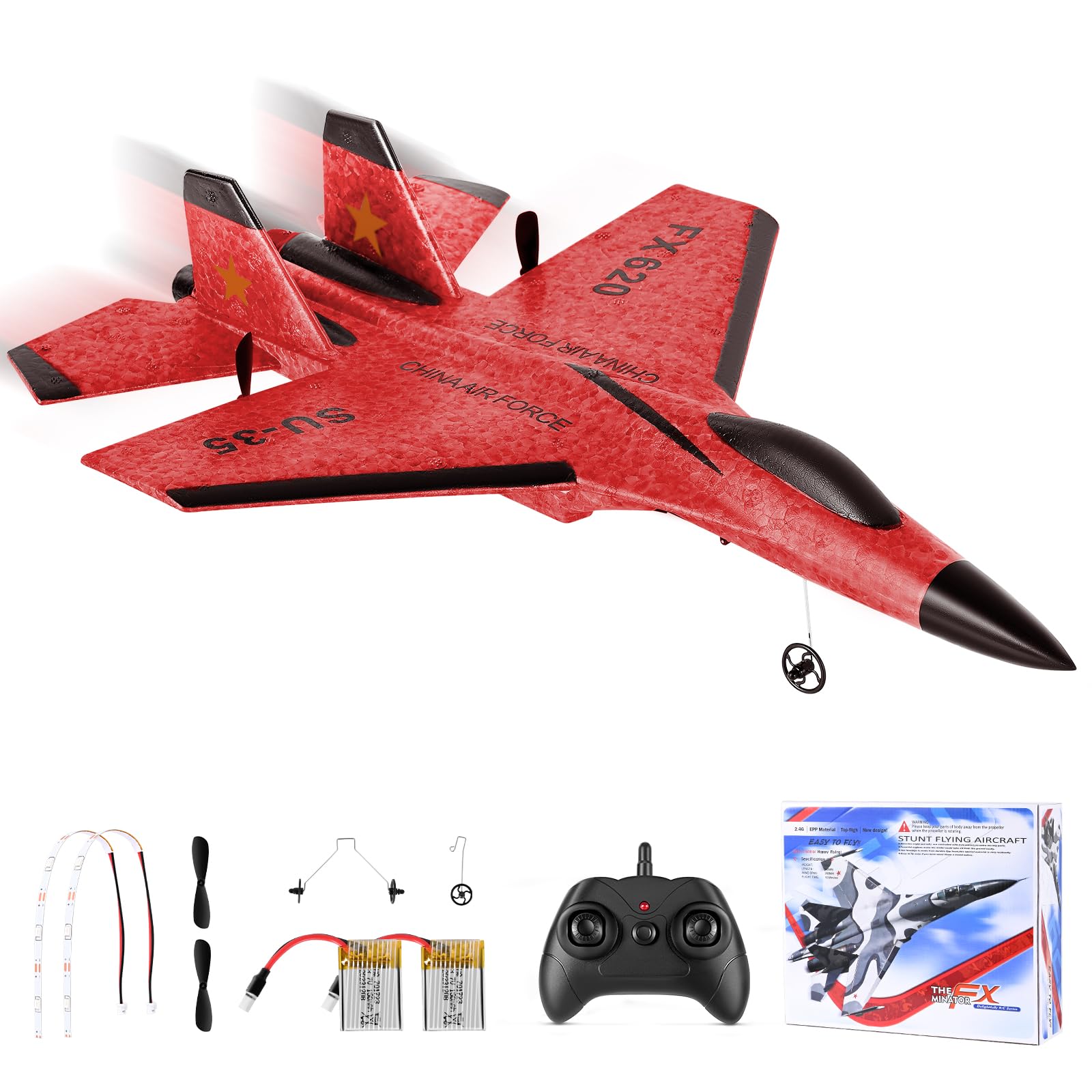 Avion RC 2,4 GHz Télécommandé avec Gyro 3 Axes, Avion de Combat en Mousse 2 Canaux, 2 Batteries LED, Rouge