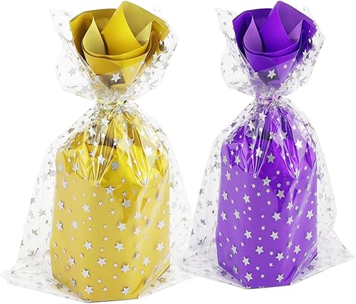 Miniatura 5 de COQOFA 100 bolsas de regalo de celofán con estampado de estrellas de 7 x 12 pulgadas, bolsas de regalo de celofán para fiestas, bolsas de plástico