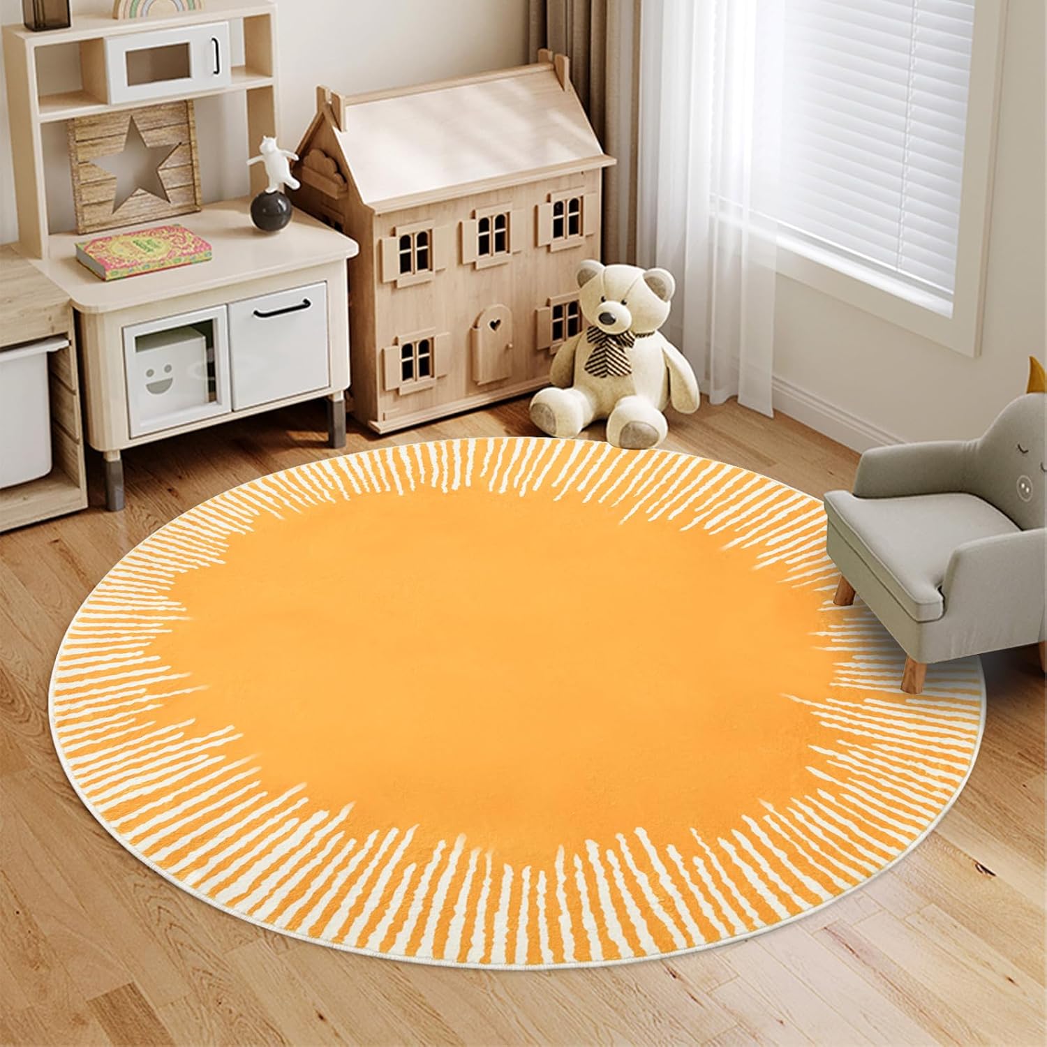 Modern Abstract Area Rug 5Ft Round Chic Sunshine Rug Nonslip Bedroom Carpet for Kids Boys Girls Living Room Sun Floor Mat Circle Throw Rug for Indoor Home Decor, Orange
