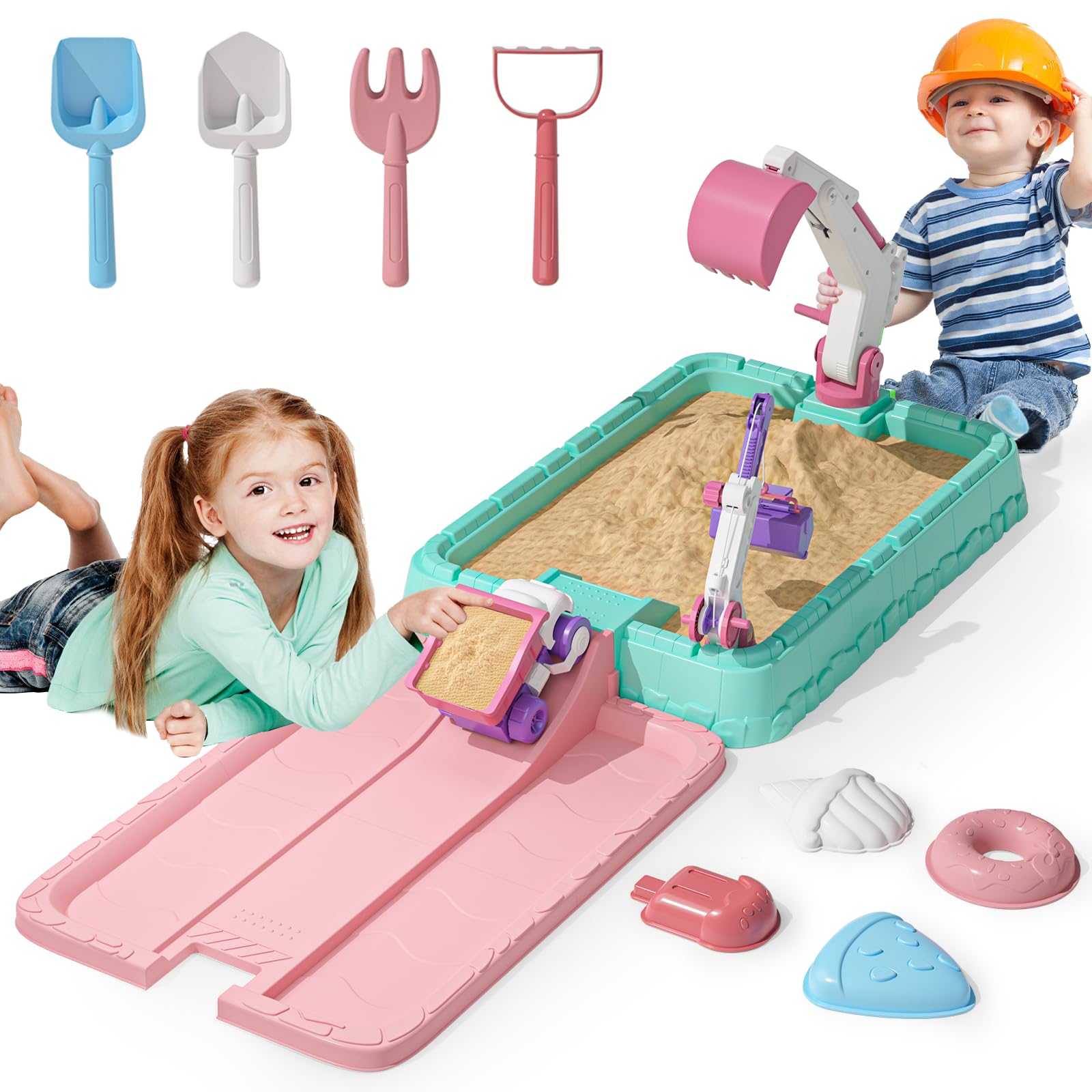 Sandbox with Lid, Kids Construction Sand Box with Excavator, Crane, Molds for Sensory Play, Toddler Outdoor Indoor Toys for Boys Girls Ages 3+ (Pink)